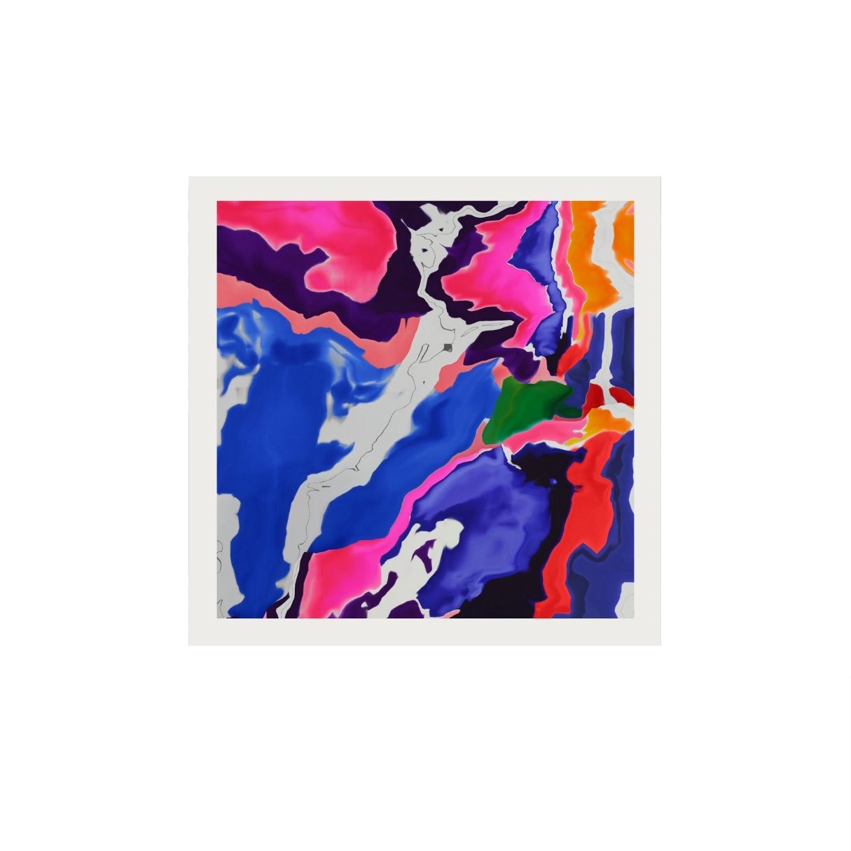 Colorful purple abstract print with a white frame on a white background.