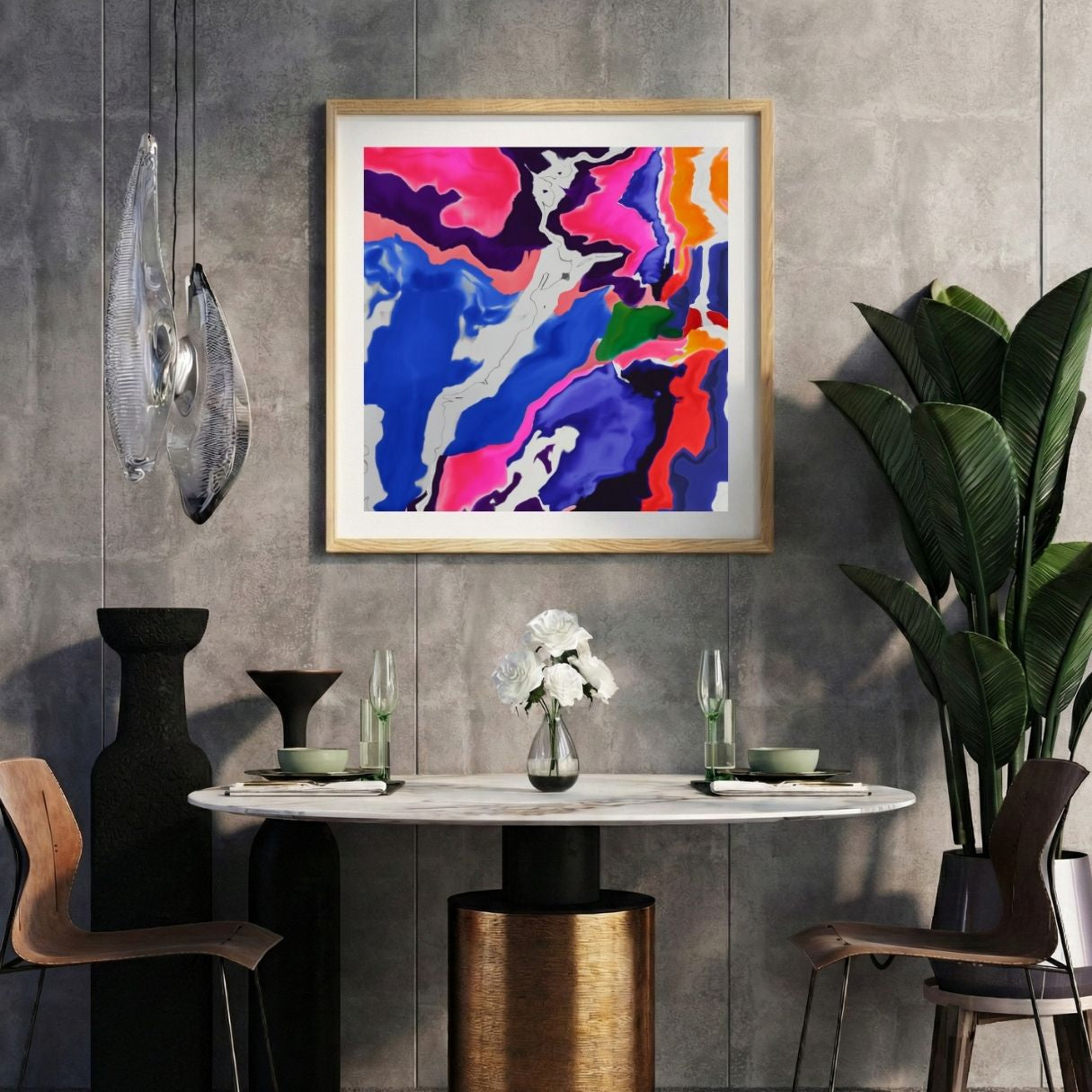 Modern interior with purple abstract art print, table, chairs, and decorative items against a gray wall.
