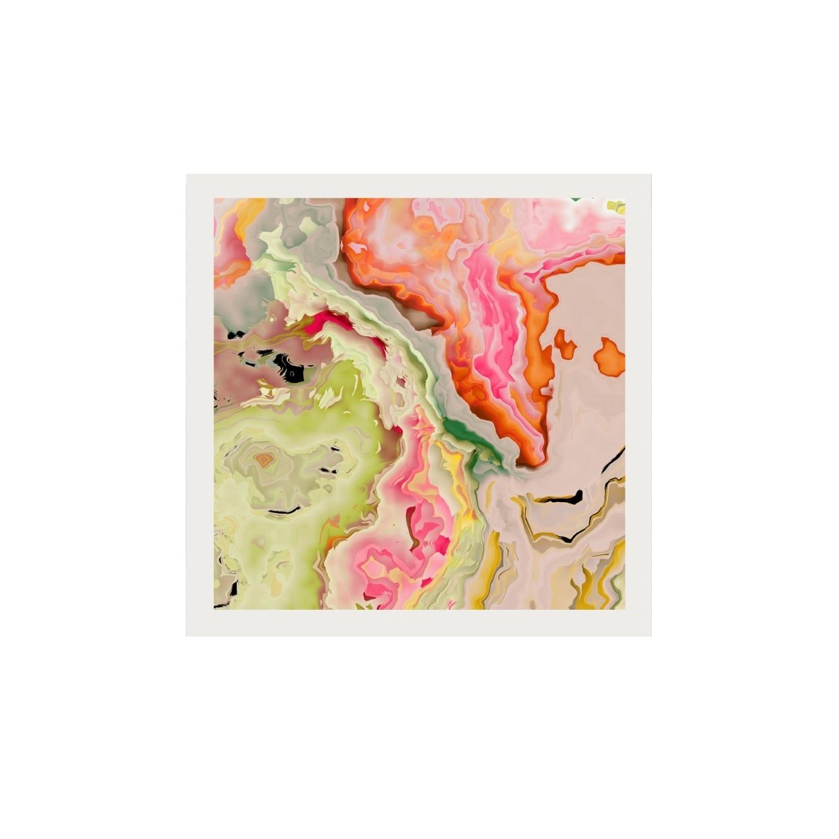 Colorful abstract art print with pink, green, and orange hues on a white background.