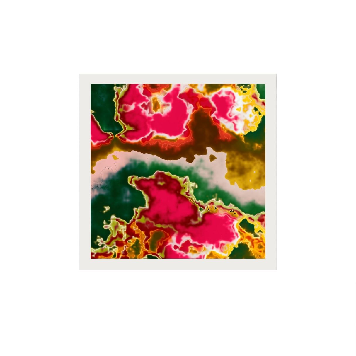 Colorful abstract pattern with pink, yellow, and green on a white background.