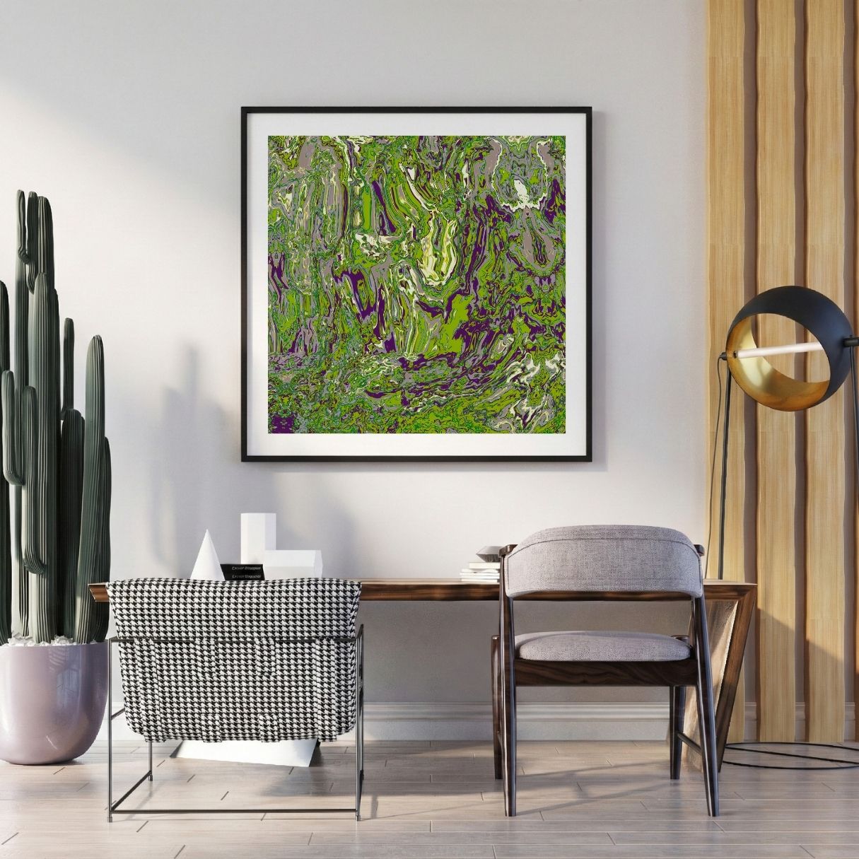Modern interior with a abstract art print on the wall, chair, and potted plant.