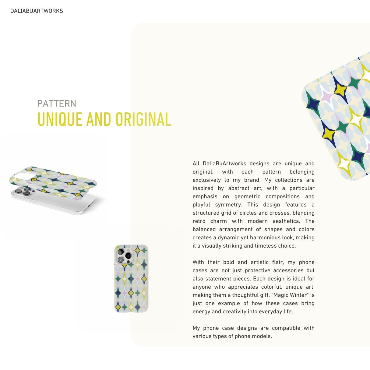 Phone cases with geometric patterns on a white background, featuring text about unique and original designs.