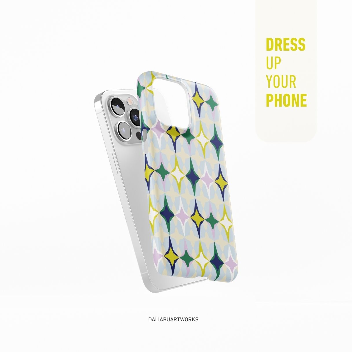 Phone case with geometric pattern on a white background, featuring the text 'Dress Up Your Phone' and 'DaliArtworks'.