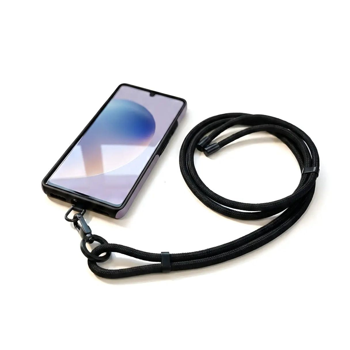 Phone strap in black color with adapter for any phone models. Cross=body option.