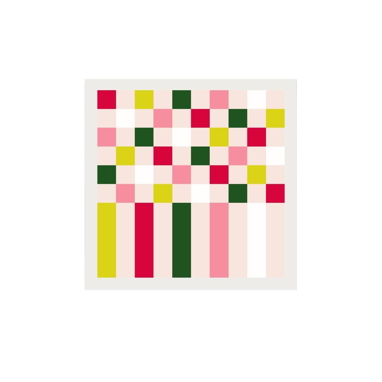 Colorful geometric patterned quilt on a white background