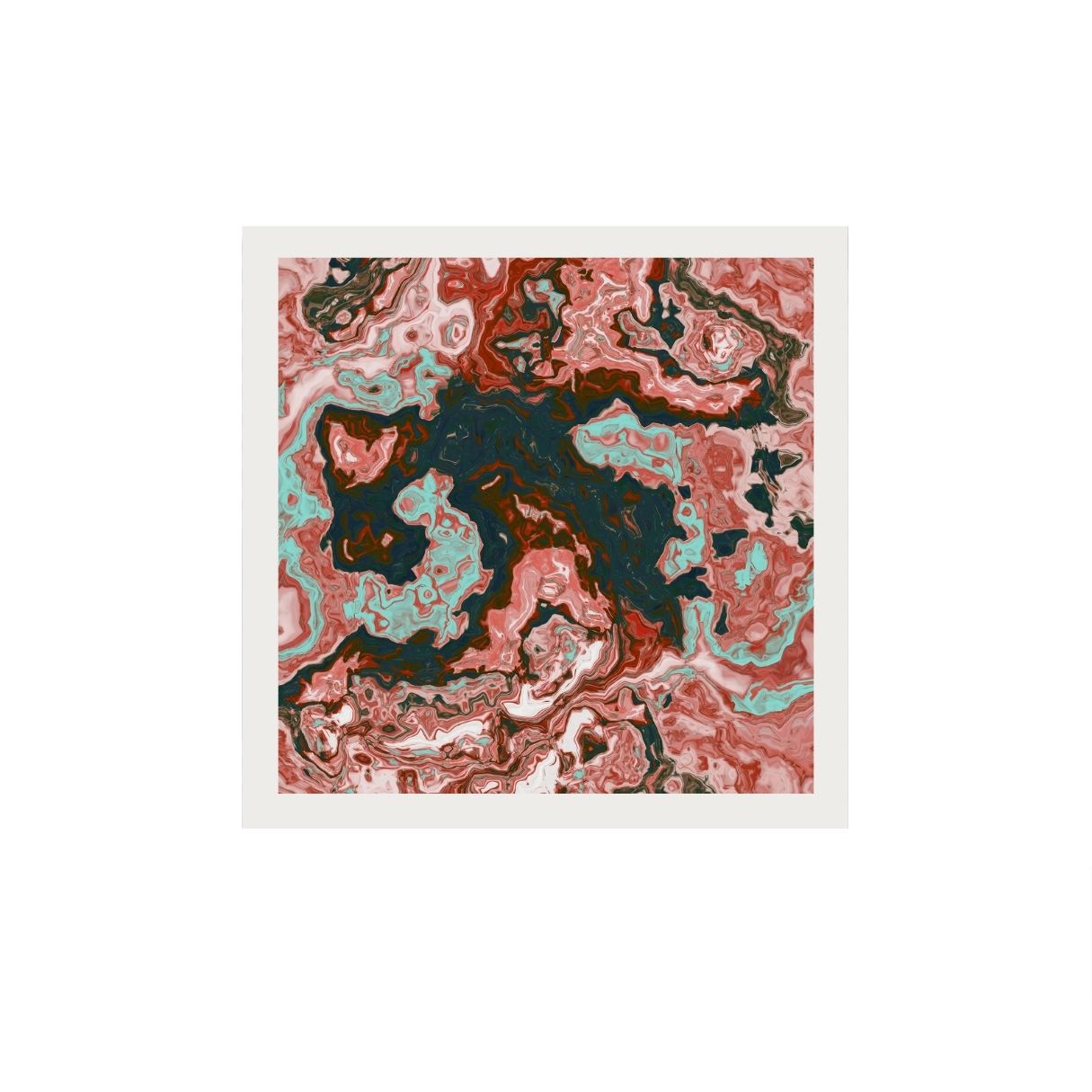 Abstract art print with red, black, and teal patterns on a white background