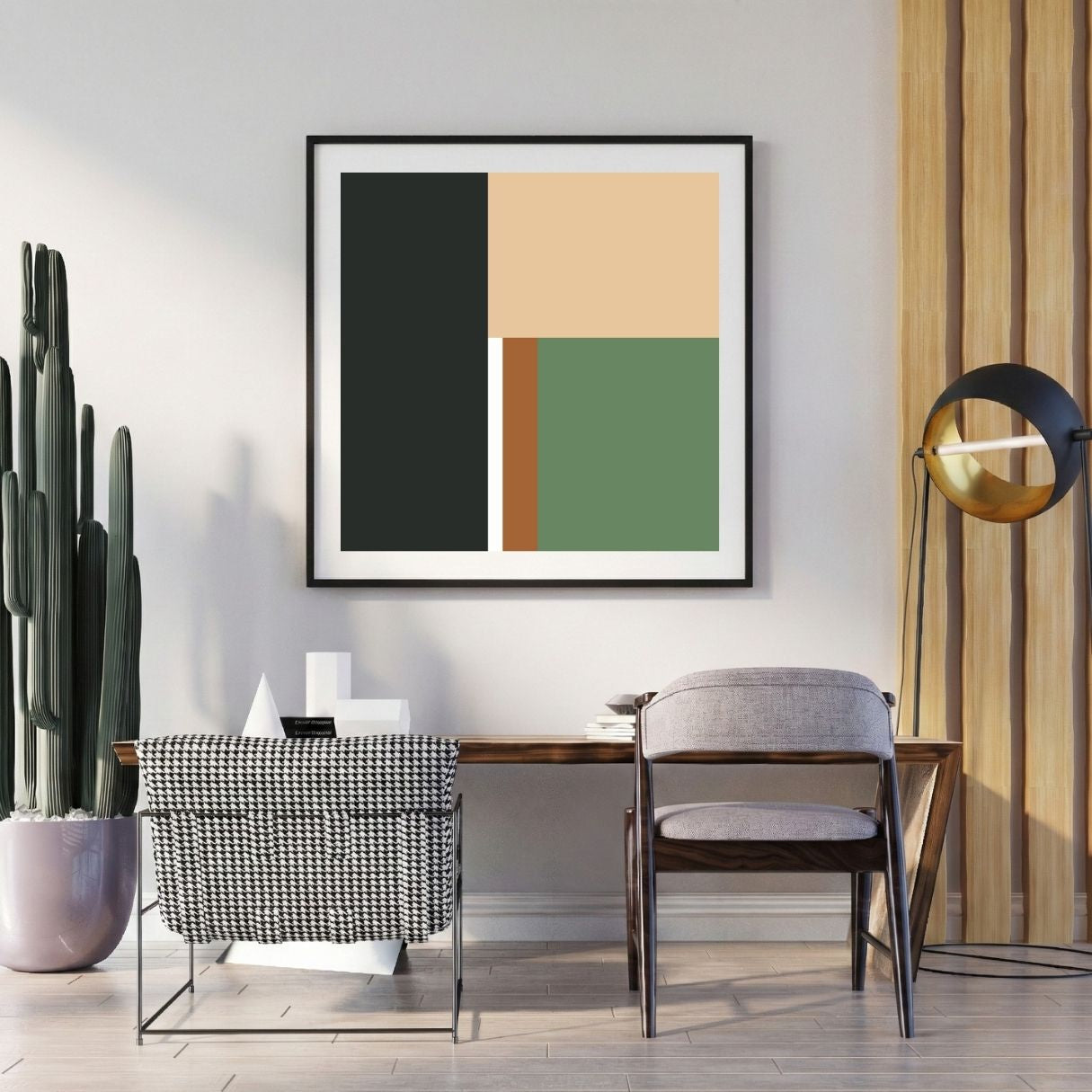 Modern interior with abstract art, chair, and potted plant on a light gray wall.
