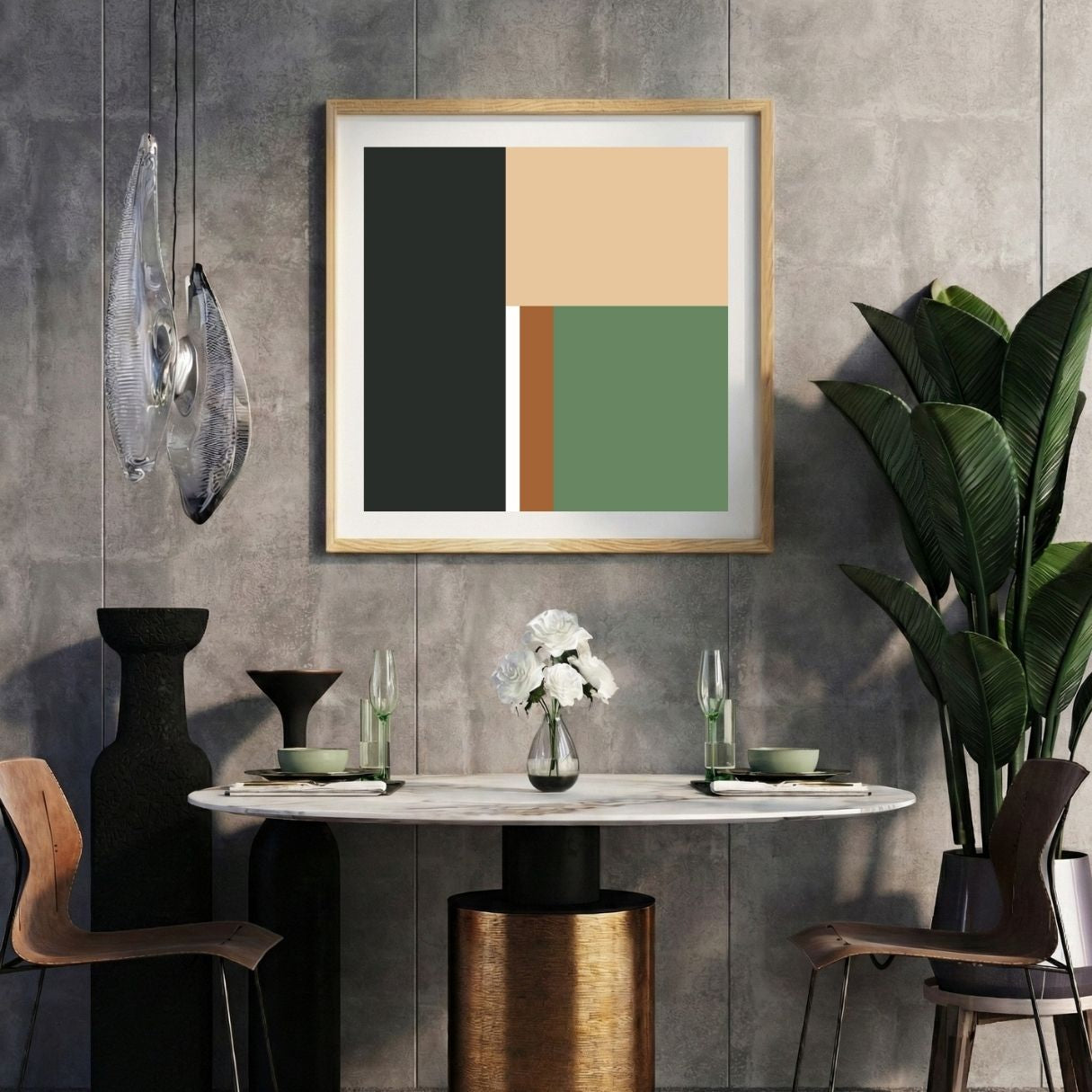 Modern interior with a green beige striped print on a gray wall, marble table, and decorative items.