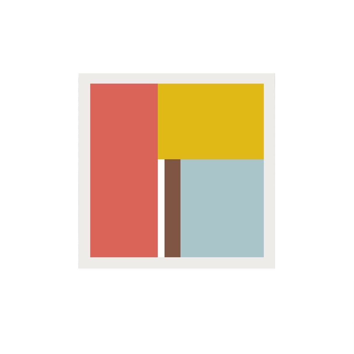 Abstract art print with four colored squares in red, yellow, blue, and brown on a white background.