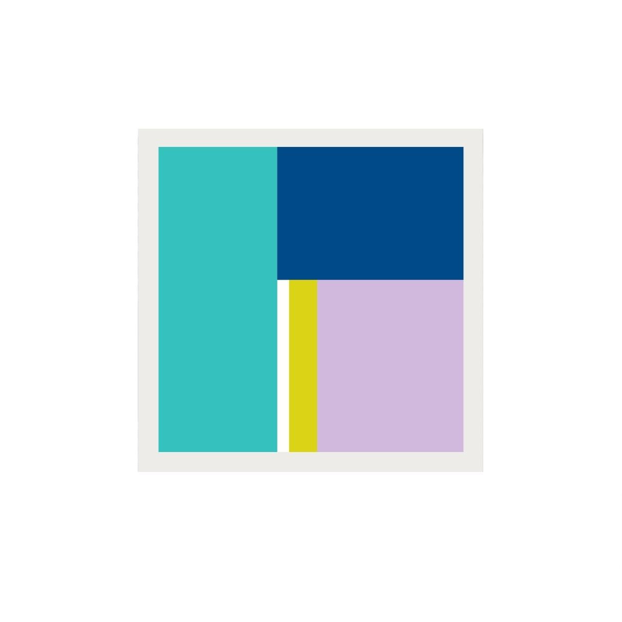 Color block design with teal, blue, yellow, and purple squares on a white background.