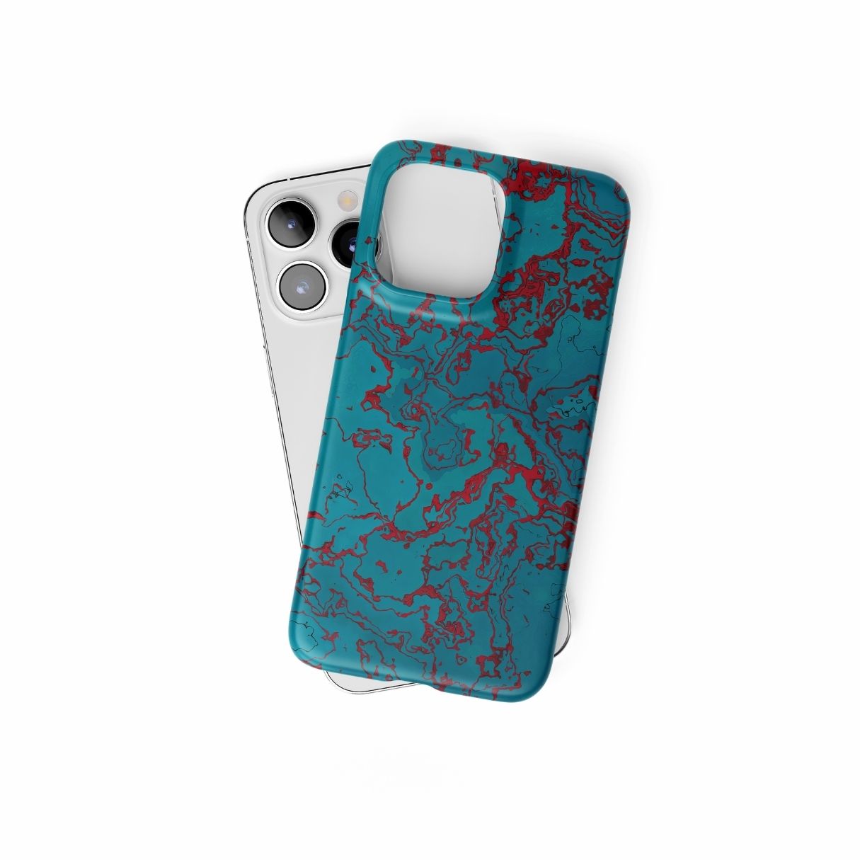 Snap phone case with vivid color pattern Arteries abstract and artistic style, featuring an elegant and expressive aesthetic design. Main colors are red, turquoise blue. Front view.
