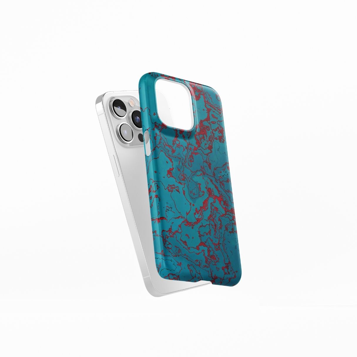 Snap phone case with vivid color pattern Arteries abstract and artistic style, featuring an elegant and expressive aesthetic design. Main colors are red, turquoise blue. Side view.