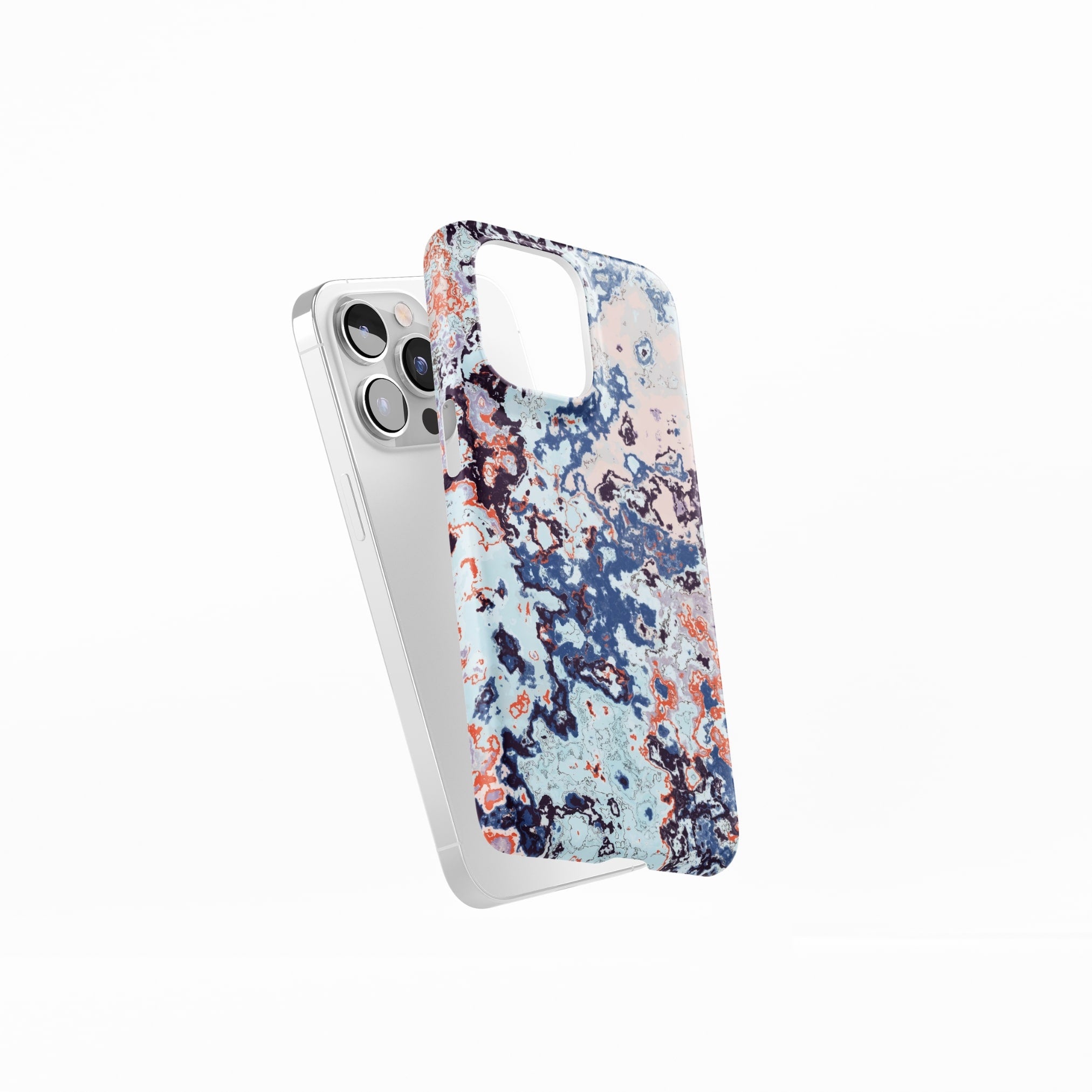 Ultra thin snap phone case side view; Blue Marble 2 pattern, artistic, abstract marble pattern. Blue and pink color combination.