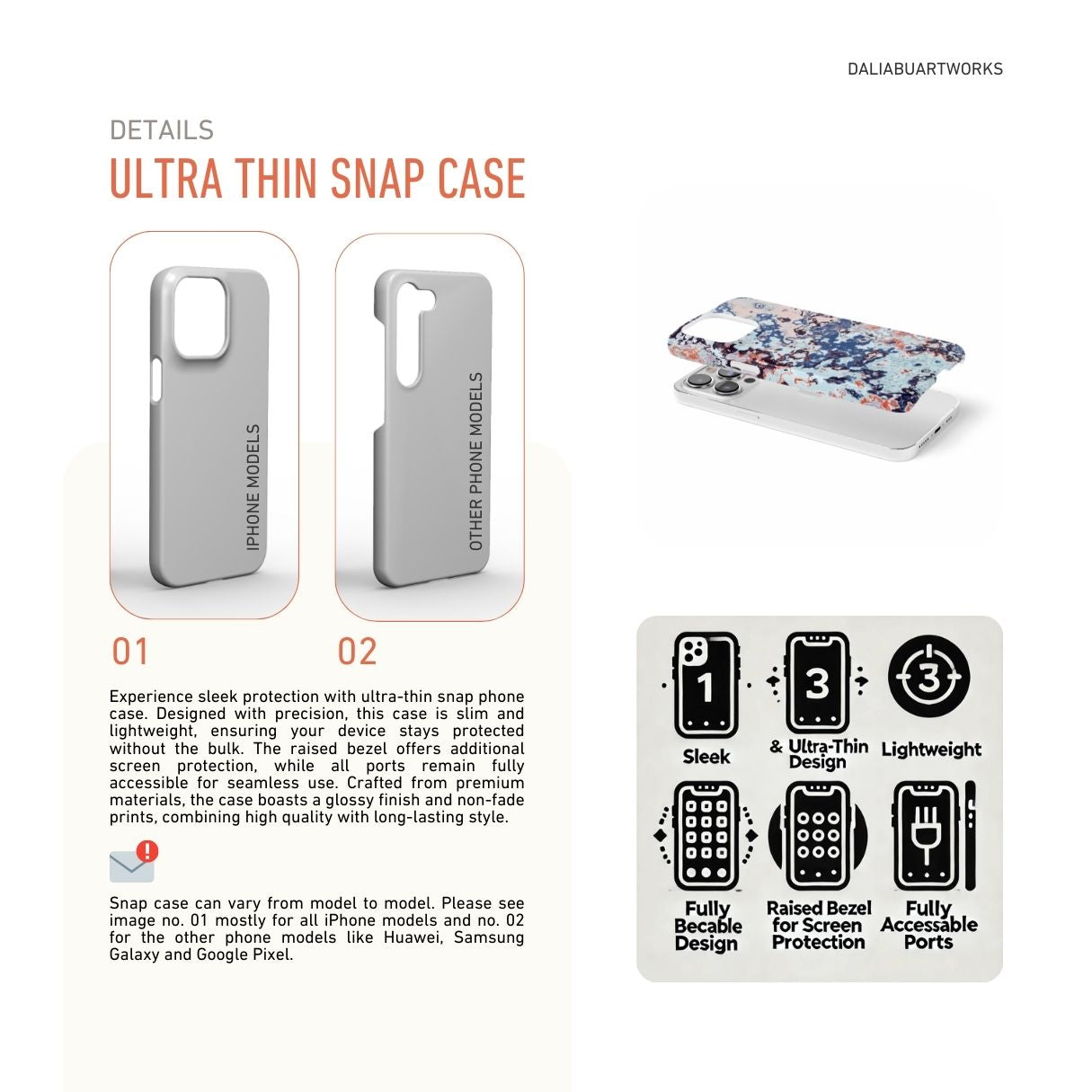 Details how to select correct phone case as per your phone model and features about snap snug fit phone case.