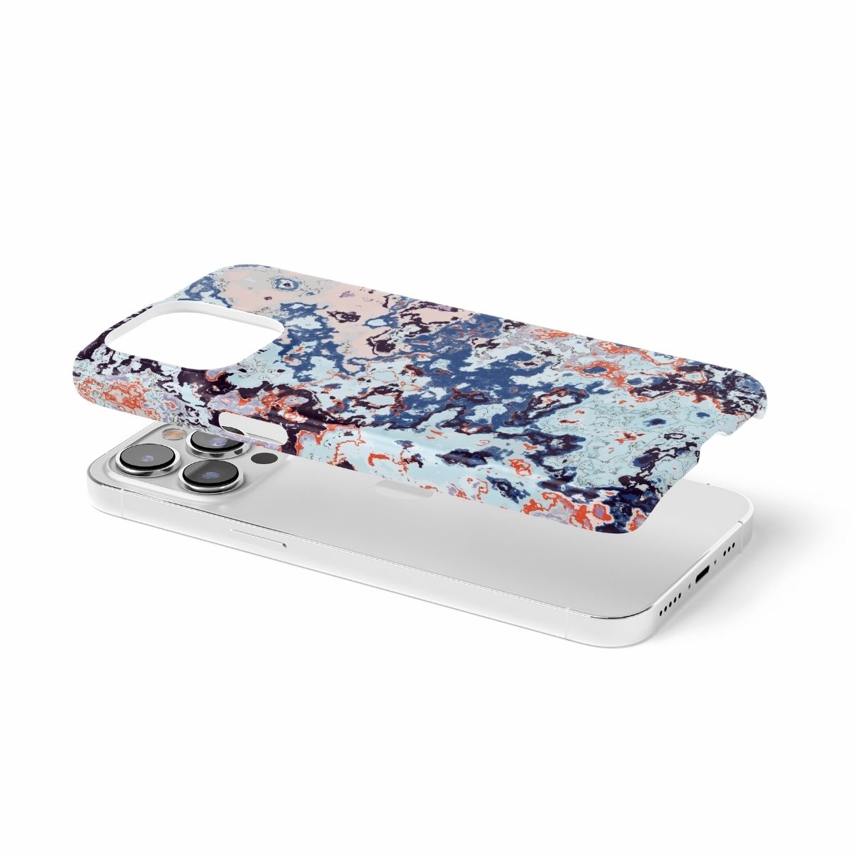 Ultra thin snap phone case extend view; Blue Marble Mist pattern, artistic, abstract marble pattern. Blue and pink color combination. Bold expressive aesthetic design. Colorful and interior fit. Elegant.