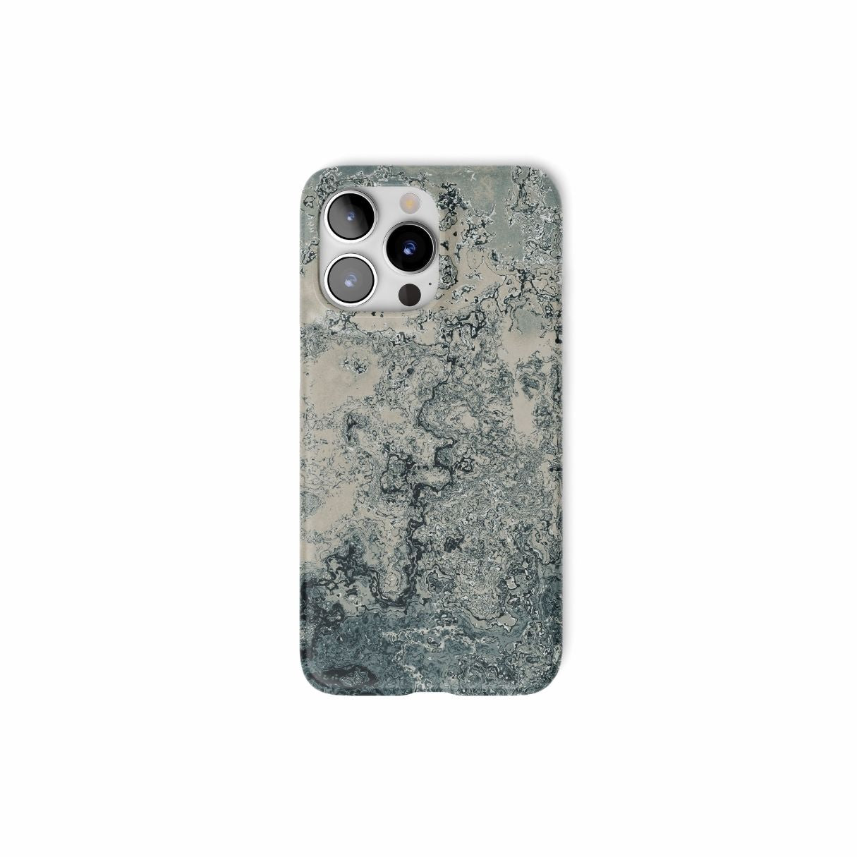Ultra thin snap phone case with a bold vivid pattern Blue Night Dusts abstract and artistic style, featuring an elegant and expressive aesthetic design. Main colors are blue and beige. Front view.