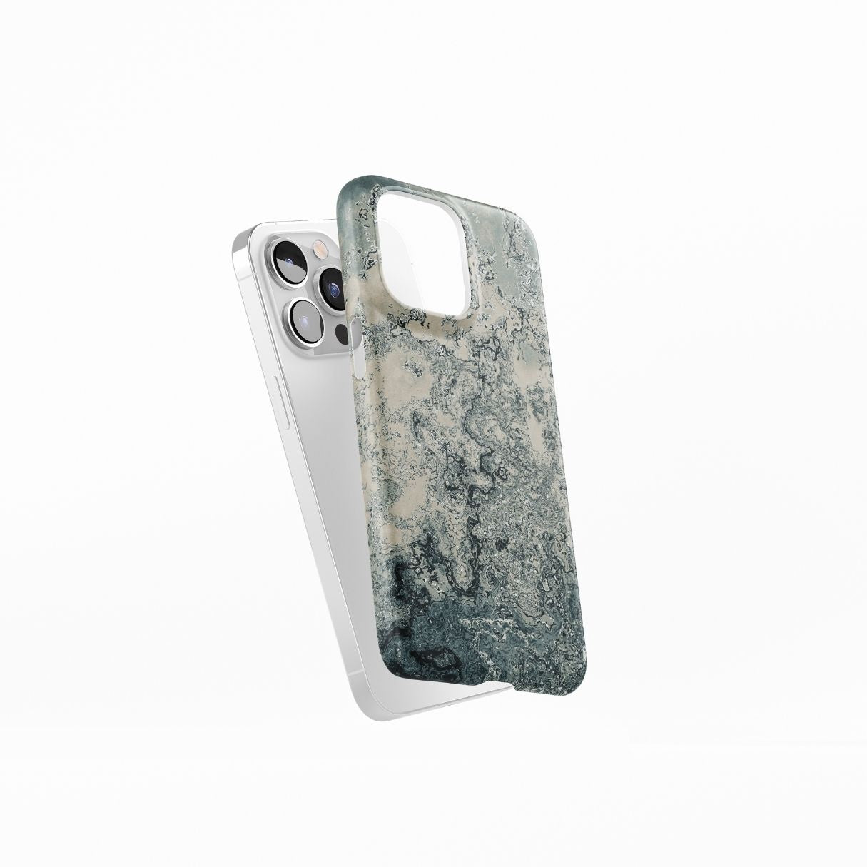 Ultra thin snap phone case with a bold vivid pattern Blue Night Dusts abstract and artistic style, featuring an elegant and expressive aesthetic design. Main colors are blue and beige. Side view.