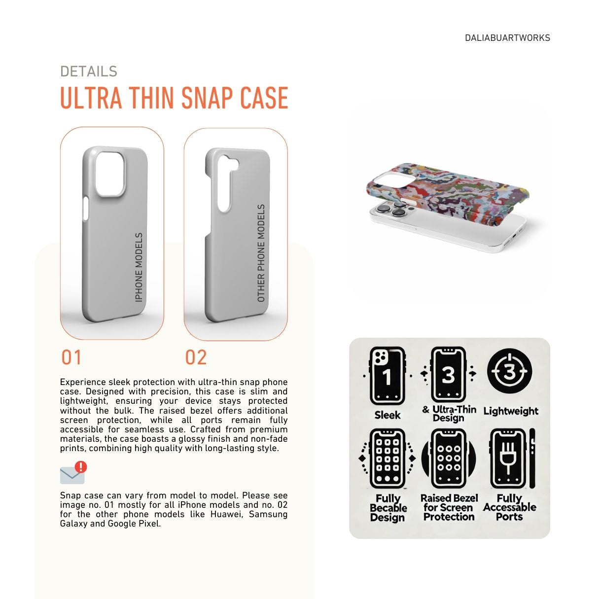 Details how to select correct phone case as per your phone model and features about snap snug fit phone case.