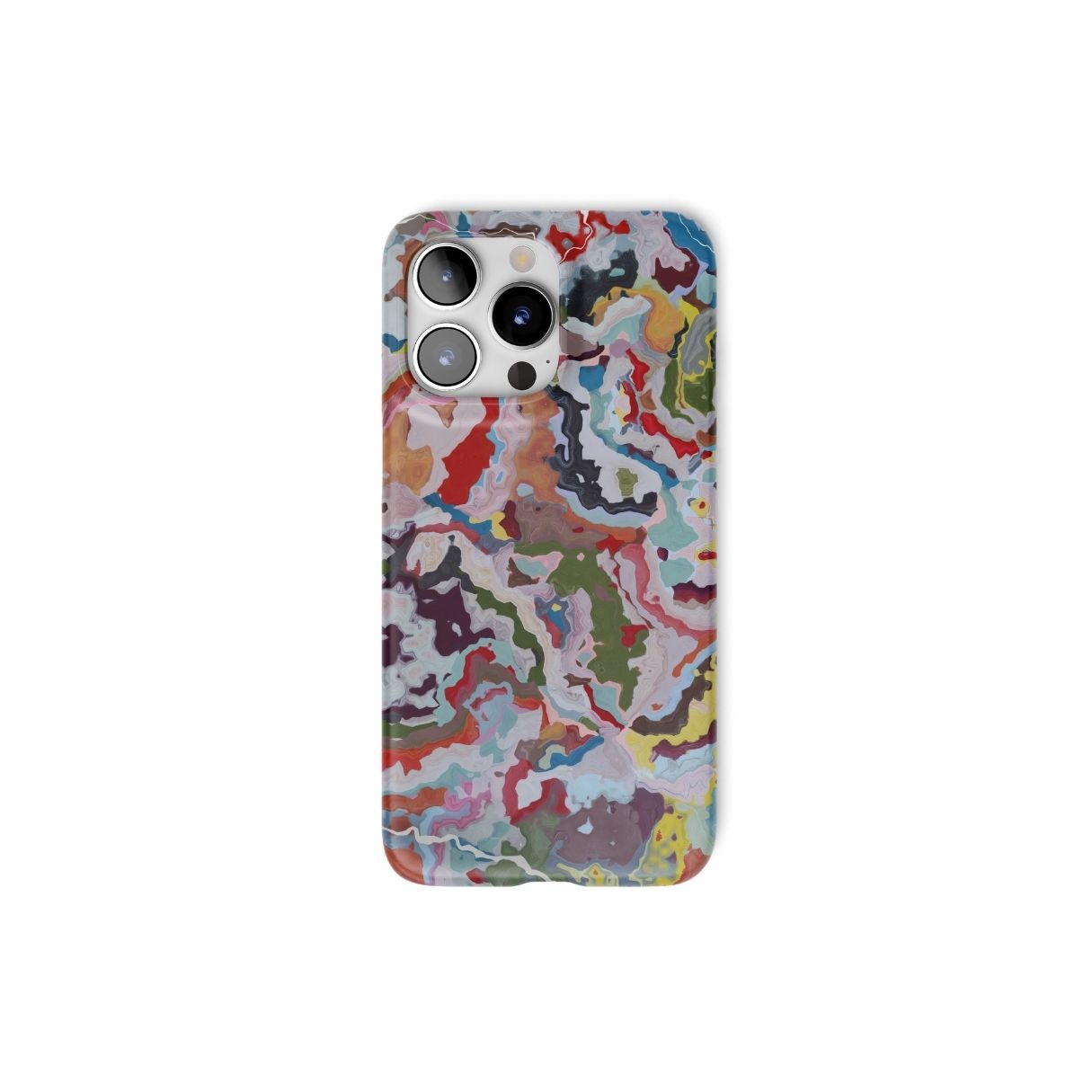 Ultra thin snap phone case front view; Bold Sprinkles pattern, artistic, abstract marble pattern. Mix color combination. Bold expressive aesthetic design. Colorful and interior fit. Elegant.