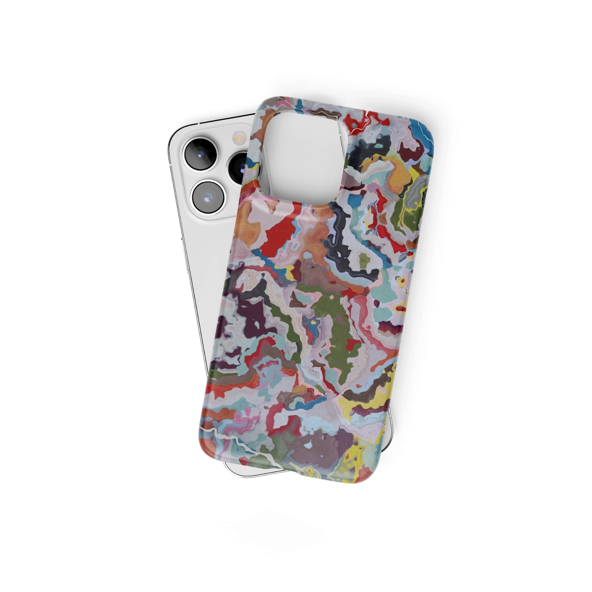 Ultra thin snap phone case front view; Bold Sprinkles pattern, artistic, abstract marble pattern. Mix color combination. Bold expressive aesthetic design. Colorful and interior fit. Elegant.