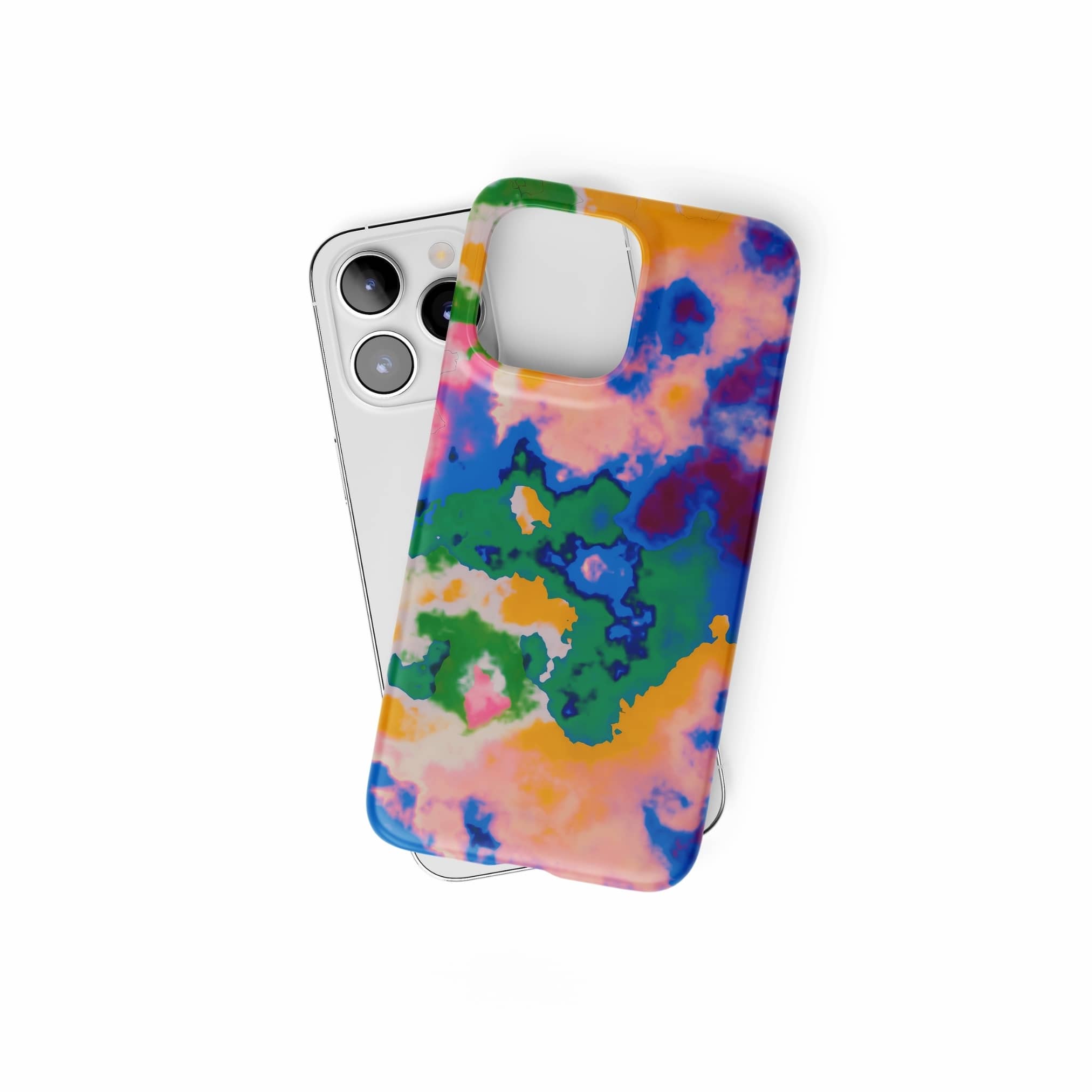 Ultra thin snap phone case front view; Brazil 1 pattern, artistic, abstract marble pattern. Orange, blue and green color combination. Bold expressive aesthetic design. Colorful and interior fit. Elegant.