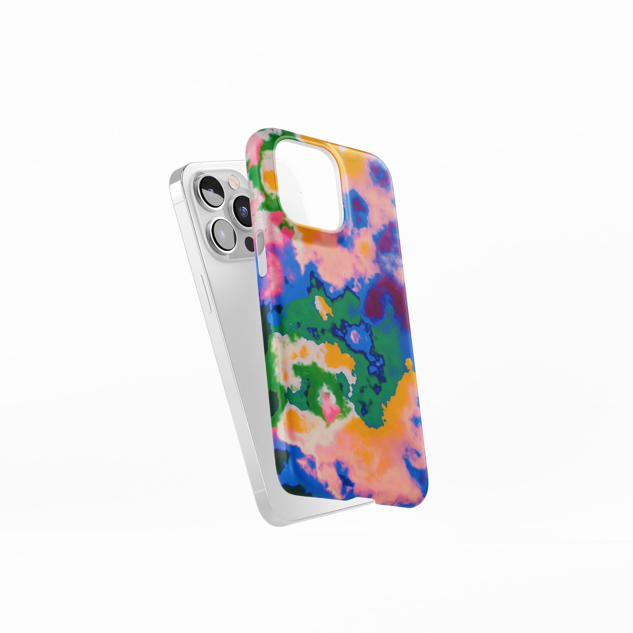 Ultra thin snap phone case side view; Brazil 1 pattern, artistic, abstract marble pattern. Orange, blue and green color combination.