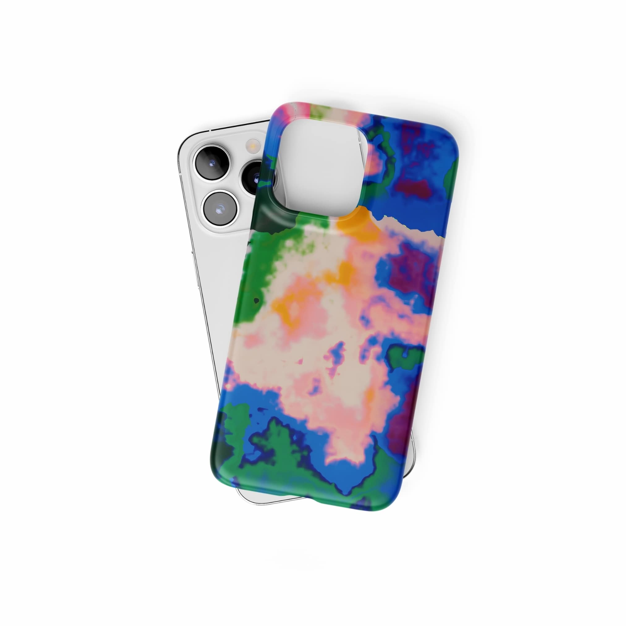 Ultra thin snap phone case front view; Brazil 2 pattern, artistic, abstract marble pattern. Blue, green and orange color combination. Bold expressive aesthetic design. Colorful and interior fit. Elegant.