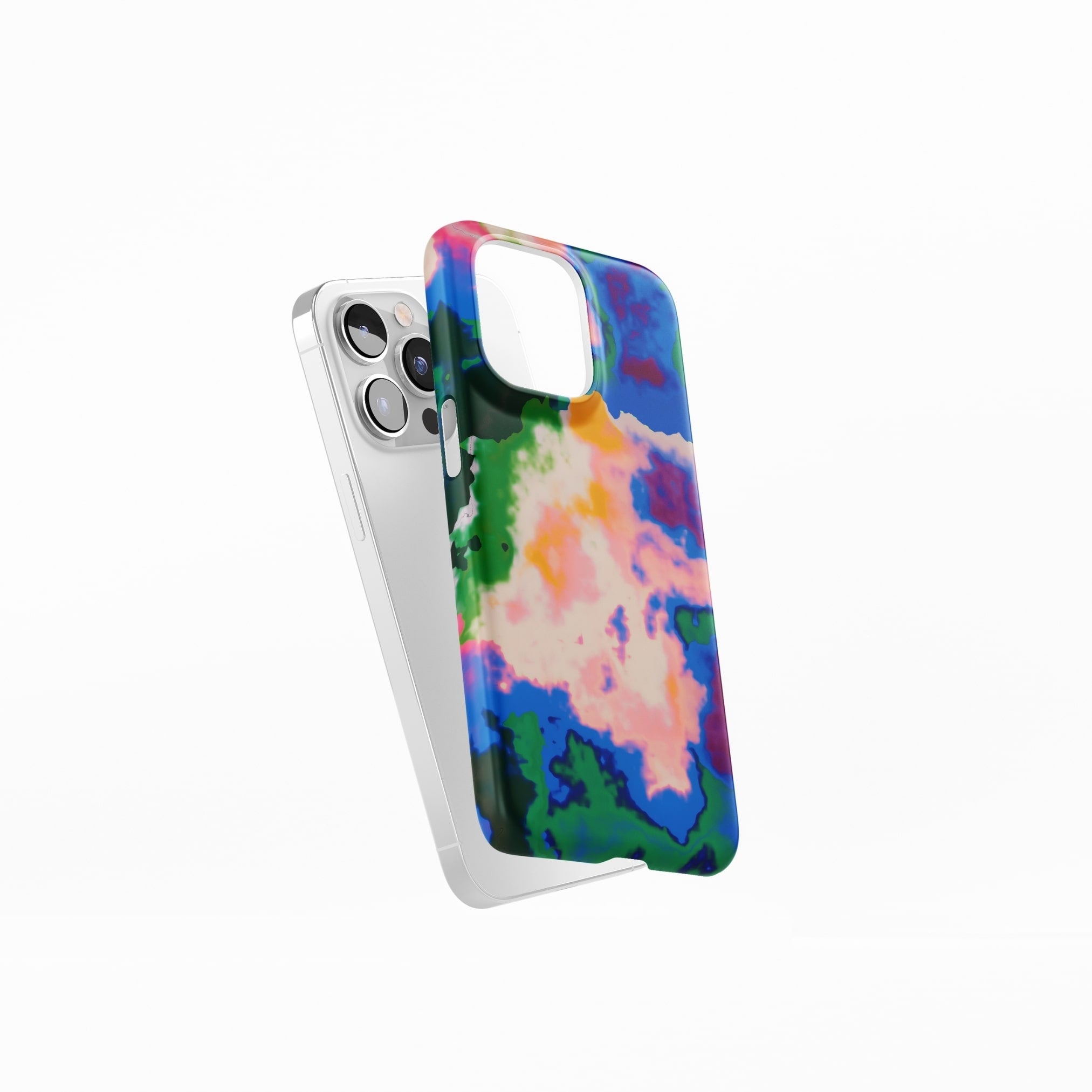 Ultra thin snap phone case side view; Brazil 2 pattern, artistic, abstract marble pattern. Blue, green and orange color combination. 