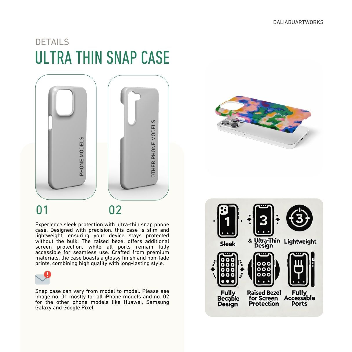 Details how to select correct phone case as per your phone model and features about snap snug fit phone case.