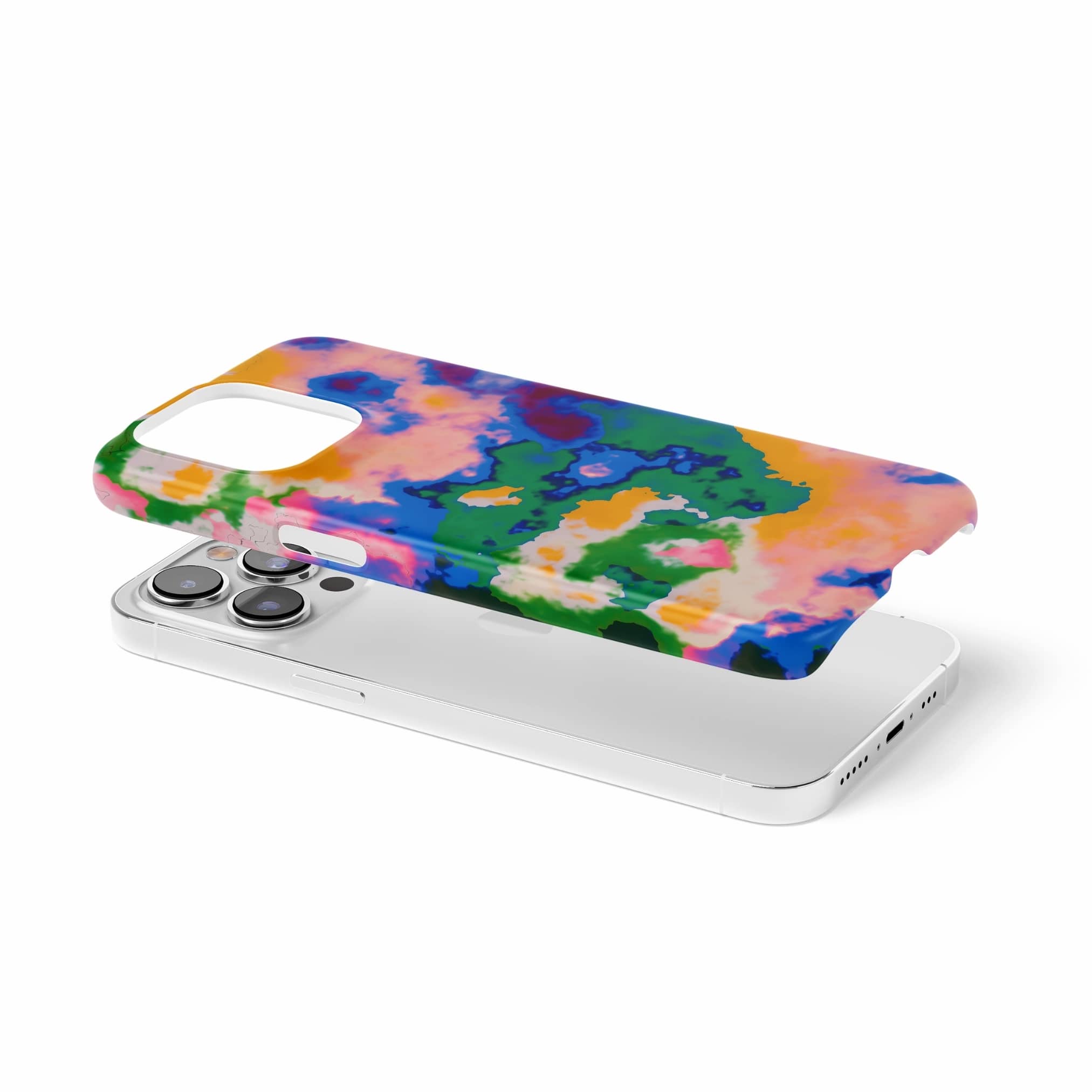 Ultra thin snap phone case extend view; Brazil pattern, artistic, abstract marble pattern. Orange, blue and green color combination.