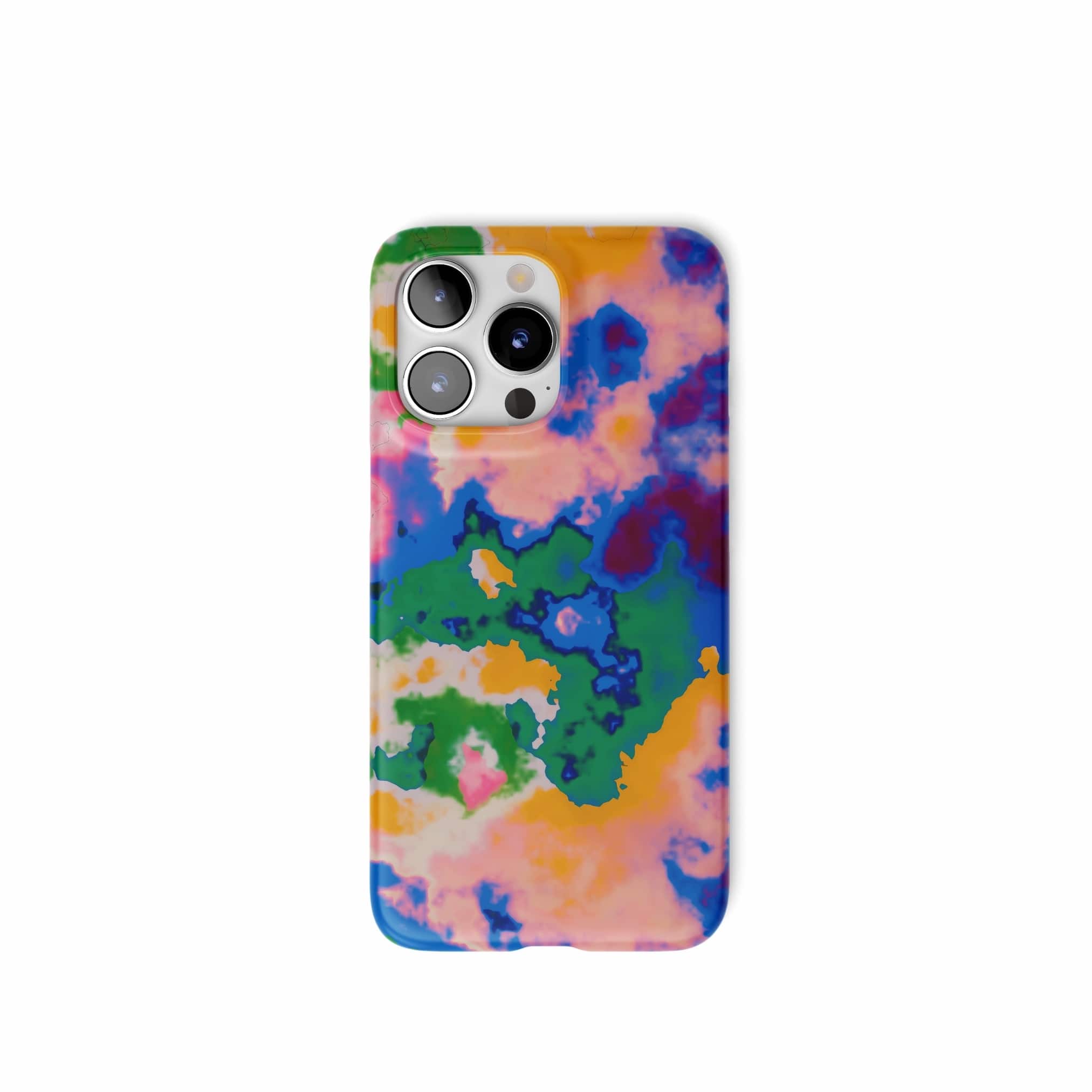 Ultra thin snap phone case front view; Brazil pattern, artistic, abstract marble pattern. Orange, blue and green color combination.