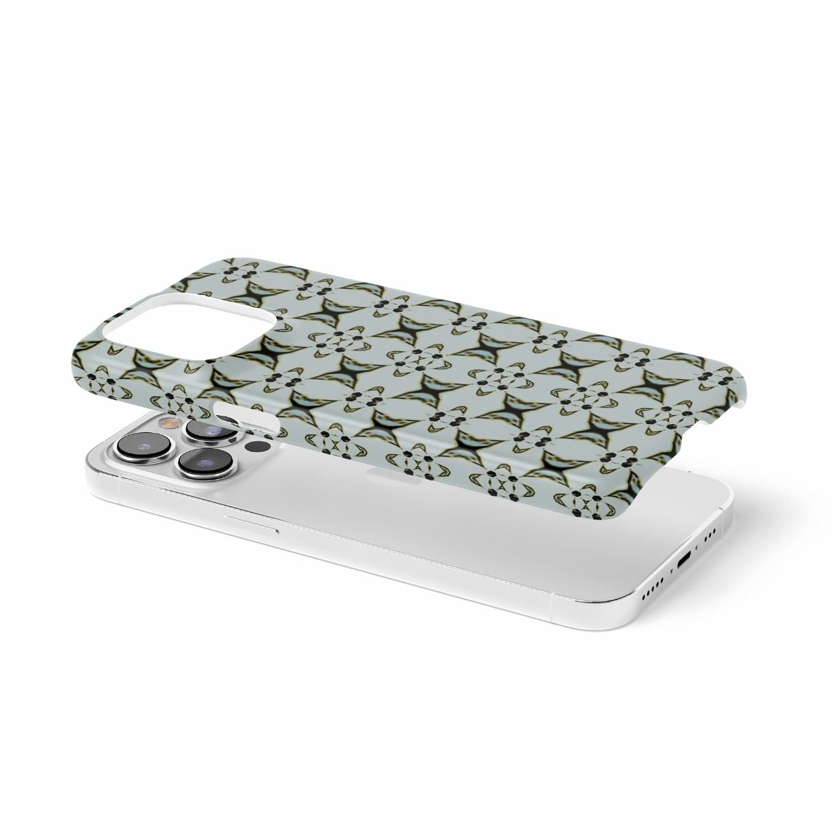 Ultra thin snap phone case ButterFly pattern design with a playful, bold expression of kaleidoscope form, featuring an elegant and expressive aesthetic design. Main color is light blue. Extend view.