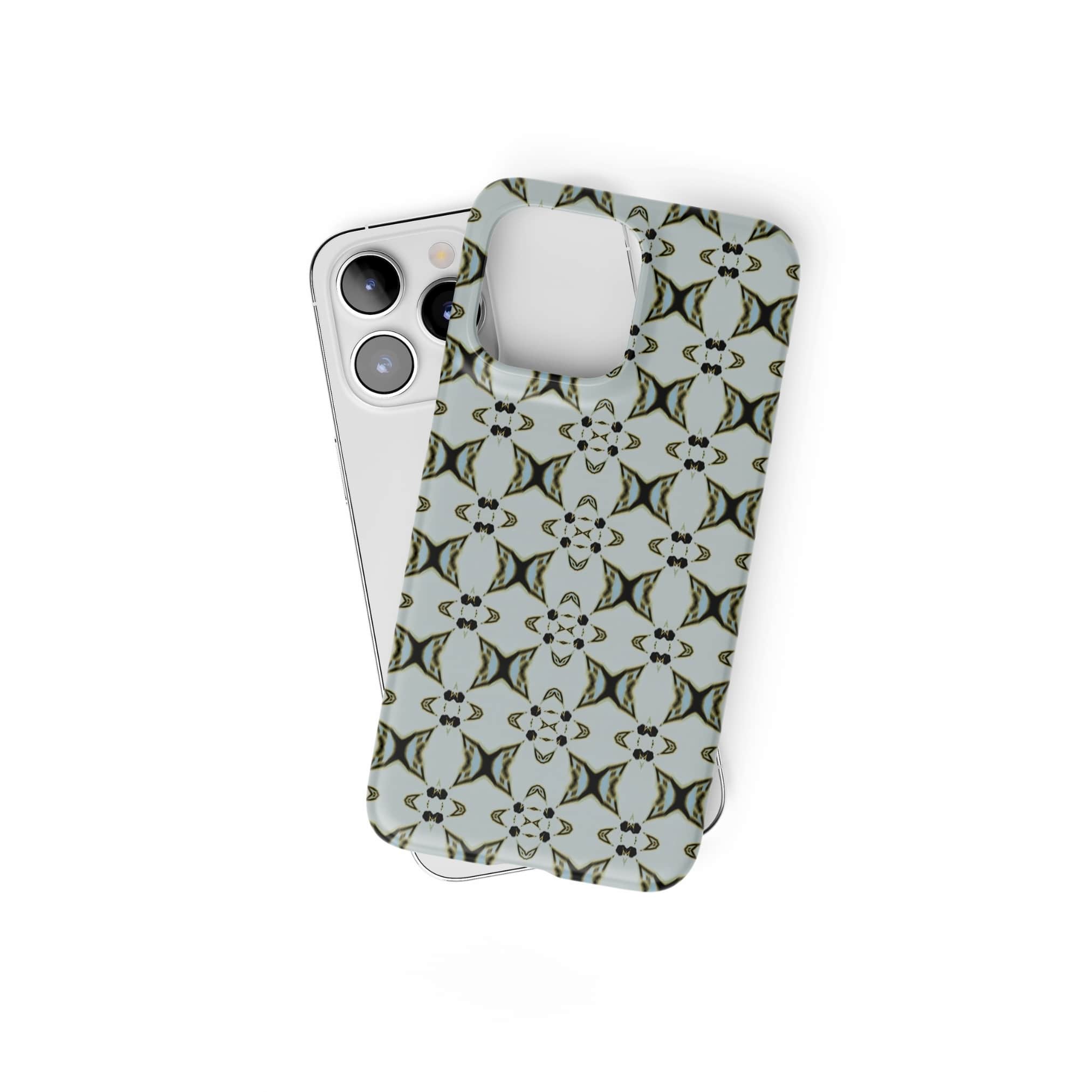 Ultra thin snap phone case ButterFly pattern design with a playful, bold expression of kaleidoscope form, featuring an elegant and expressive aesthetic design. Main color is light blue. Front view. 