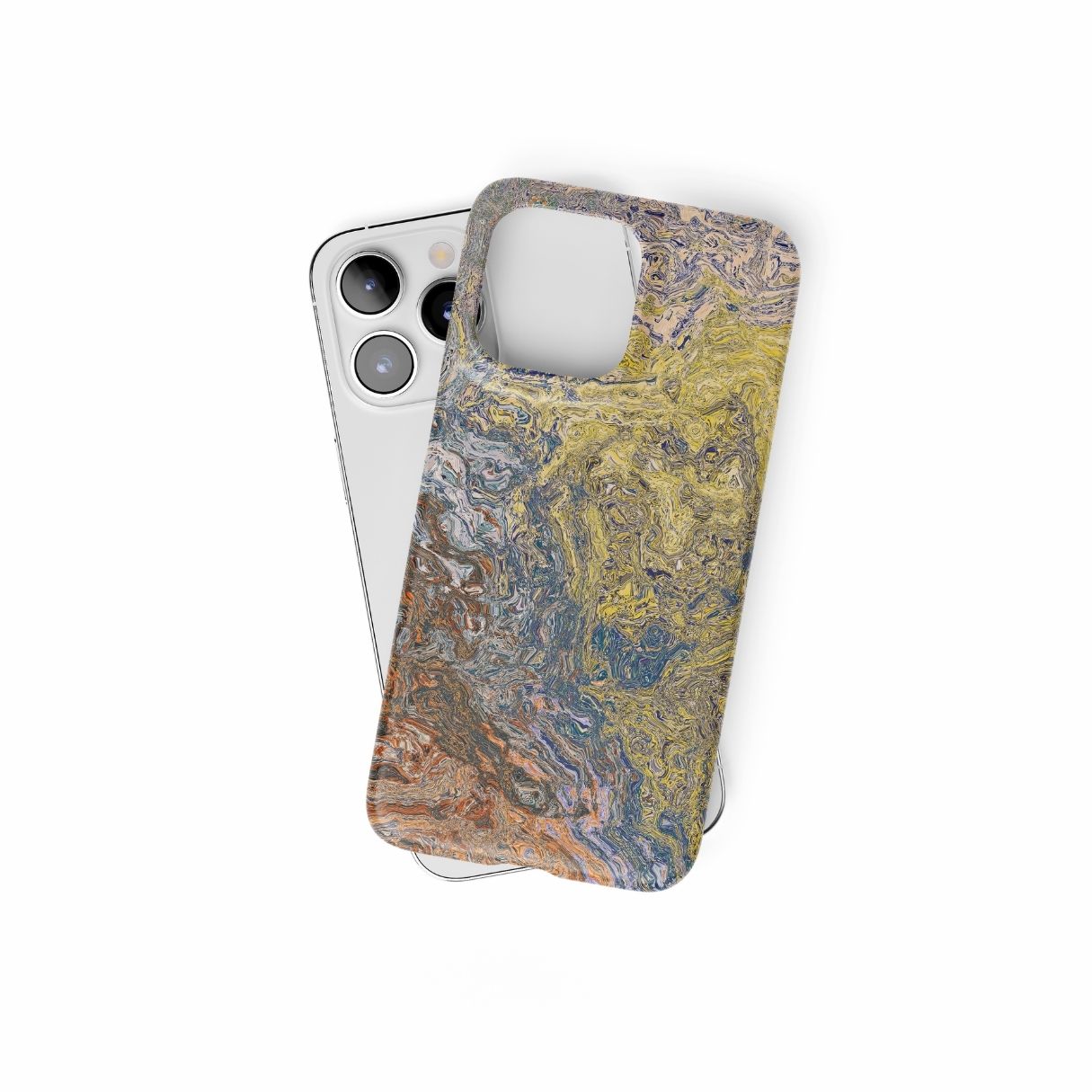 Snap phone case with a calm color pattern Chill Time abstract and artistic style, featuring an elegant and aesthetic design. Main colors are muted yellow, grey and orange, brown. Front view.