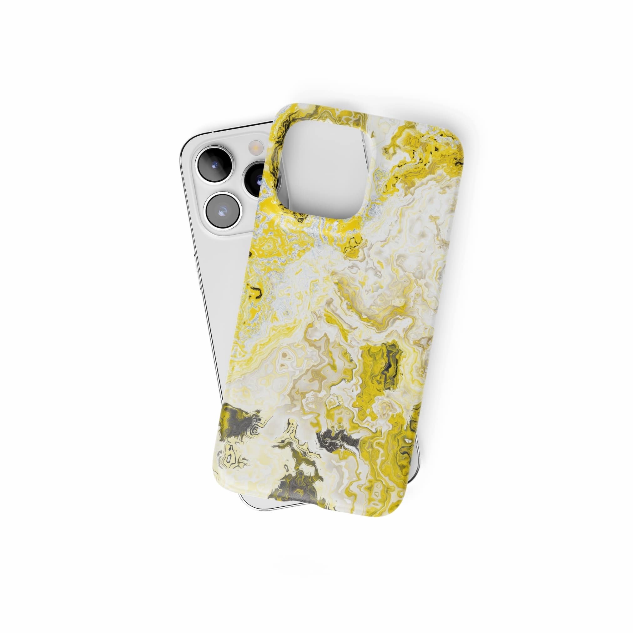 Ultra thin snap phone case front view; Citron 1 pattern, artistic, abstract marble pattern. White and yellow color combination. Bold expressive aesthetic design. Colorful and interior fit. Elegant.