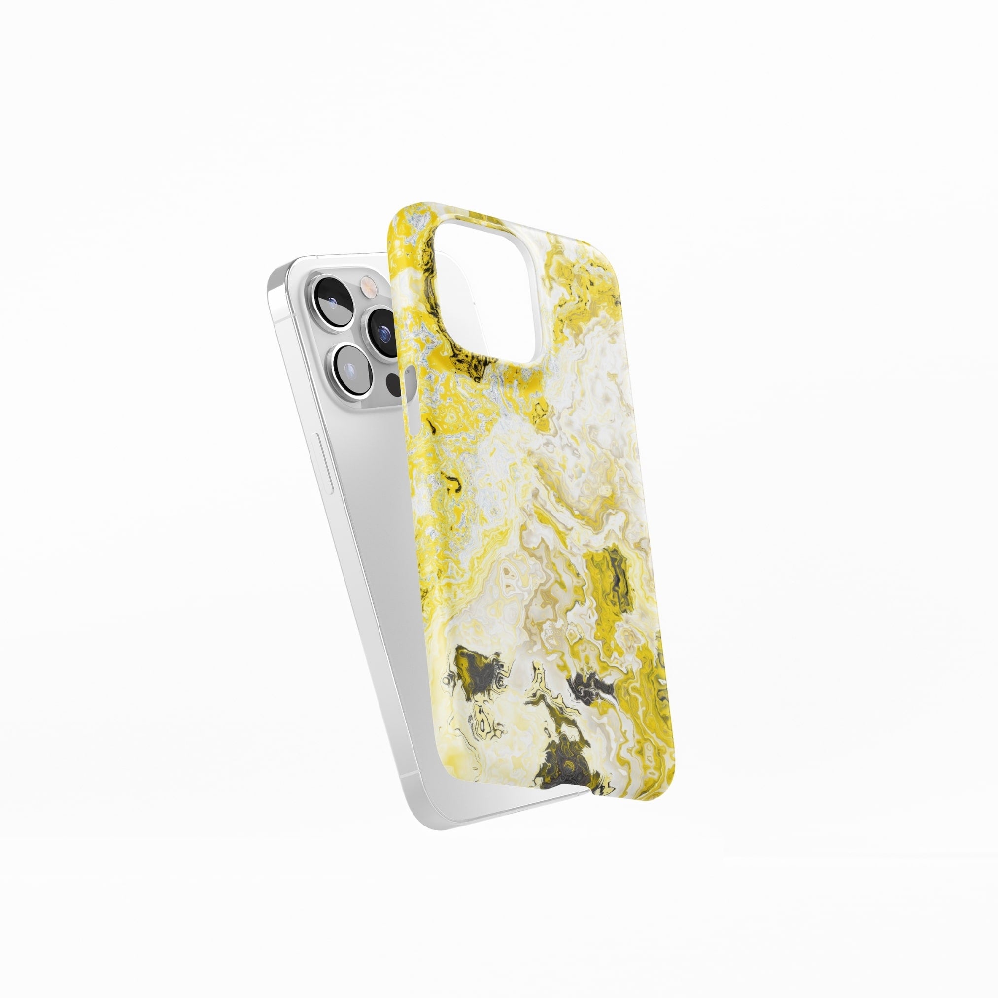 Ultra thin snap phone case side view; Citron 1 pattern, artistic, abstract marble pattern. White and yellow color combination.