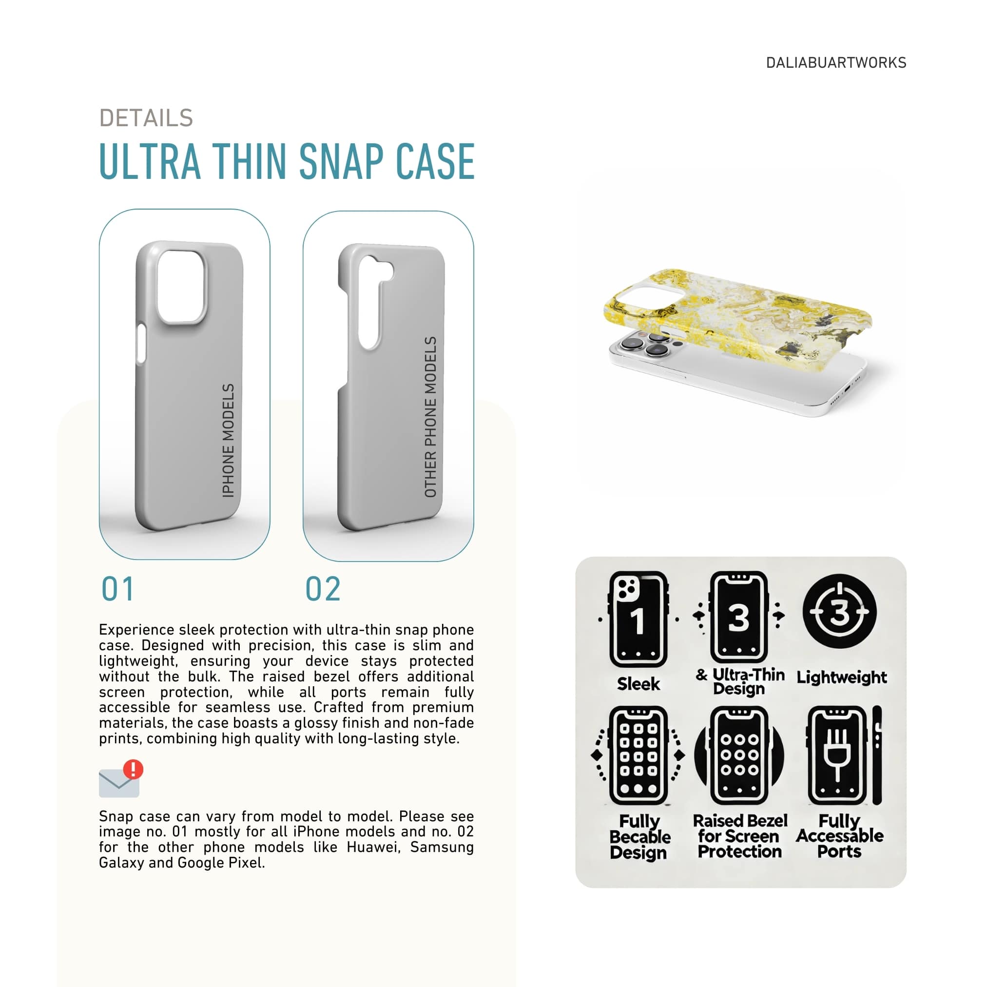 Ultra thin snap phone case front view; Citron pattern, artistic, abstract marble pattern. White and yellow color combination. Details how to select correct phone case as per your phone model and features about snap snug fit phone case.