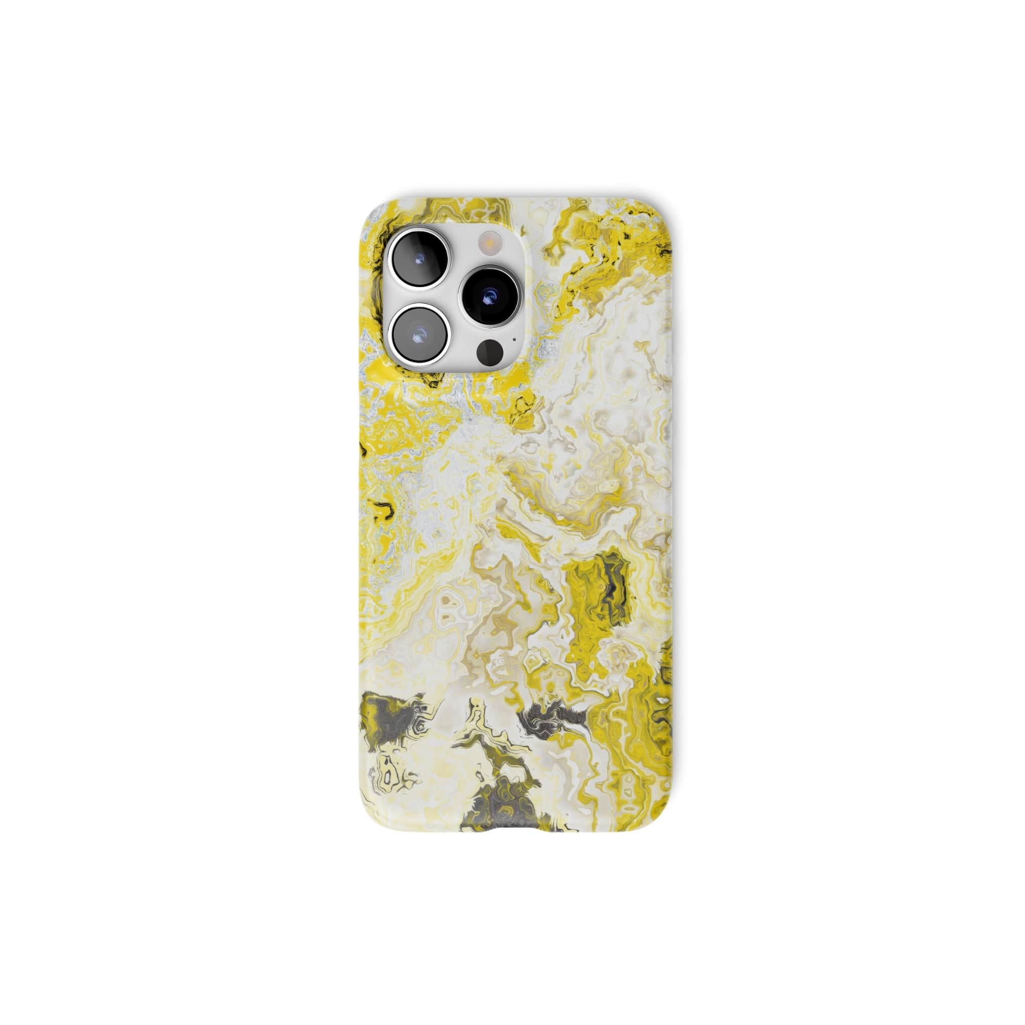 Ultra thin snap phone case front view; Citron pattern, artistic, abstract marble pattern. White and yellow color combination.
