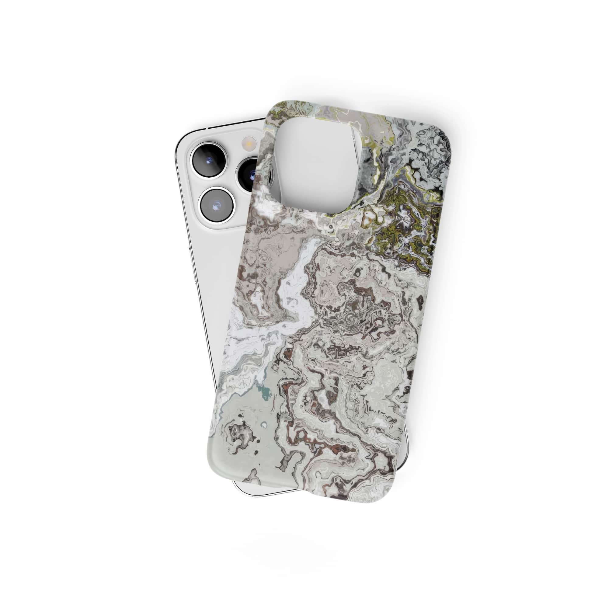 Ultra thin snap phone case front view; Classic White Marble 1 pattern, artistic, abstract marble pattern. White and grey color combination. Bold expressive aesthetic design. Colorful and interior fit. Elegant.