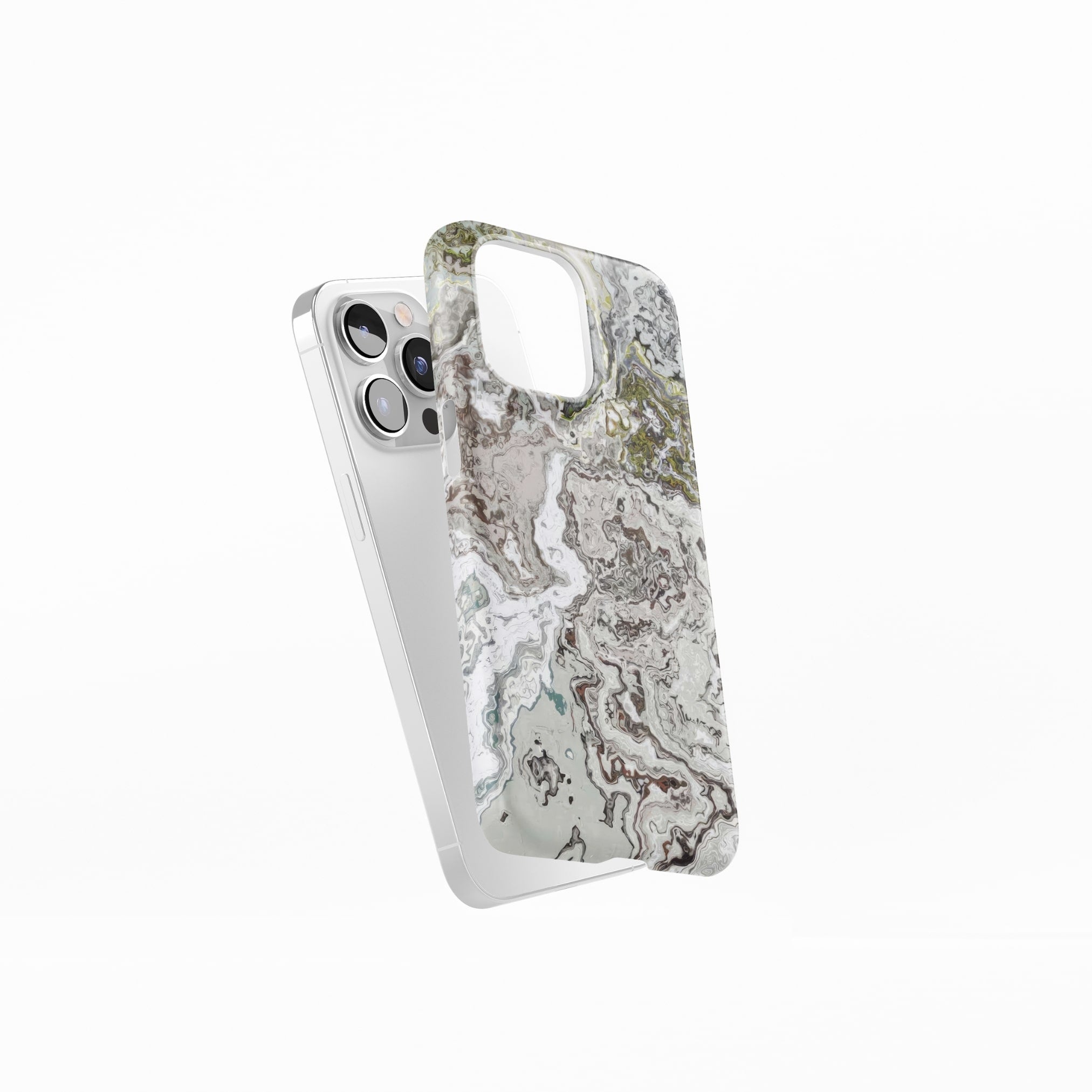 Ultra thin snap phone case side view; Classic White Marble 1 pattern, artistic, abstract marble pattern. White and grey color combination.