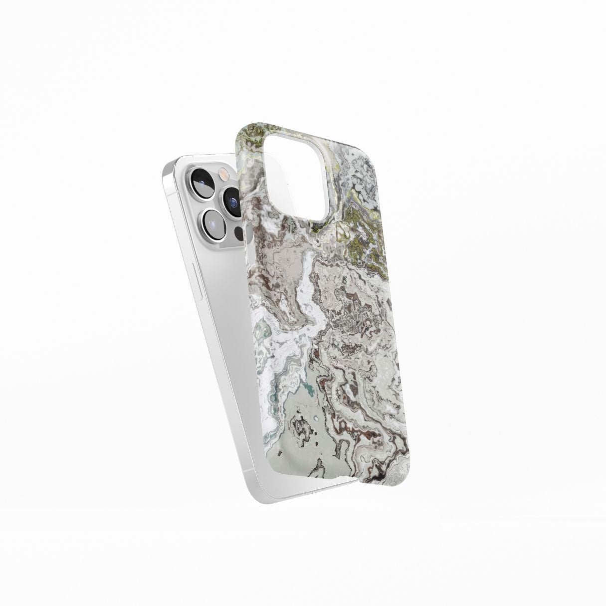 Ultra thin snap phone case side view; Classic White Marble pattern, artistic, abstract marble pattern. White and grey color combination. Bold expressive aesthetic design. Colorful and interior fit. Elegant.
