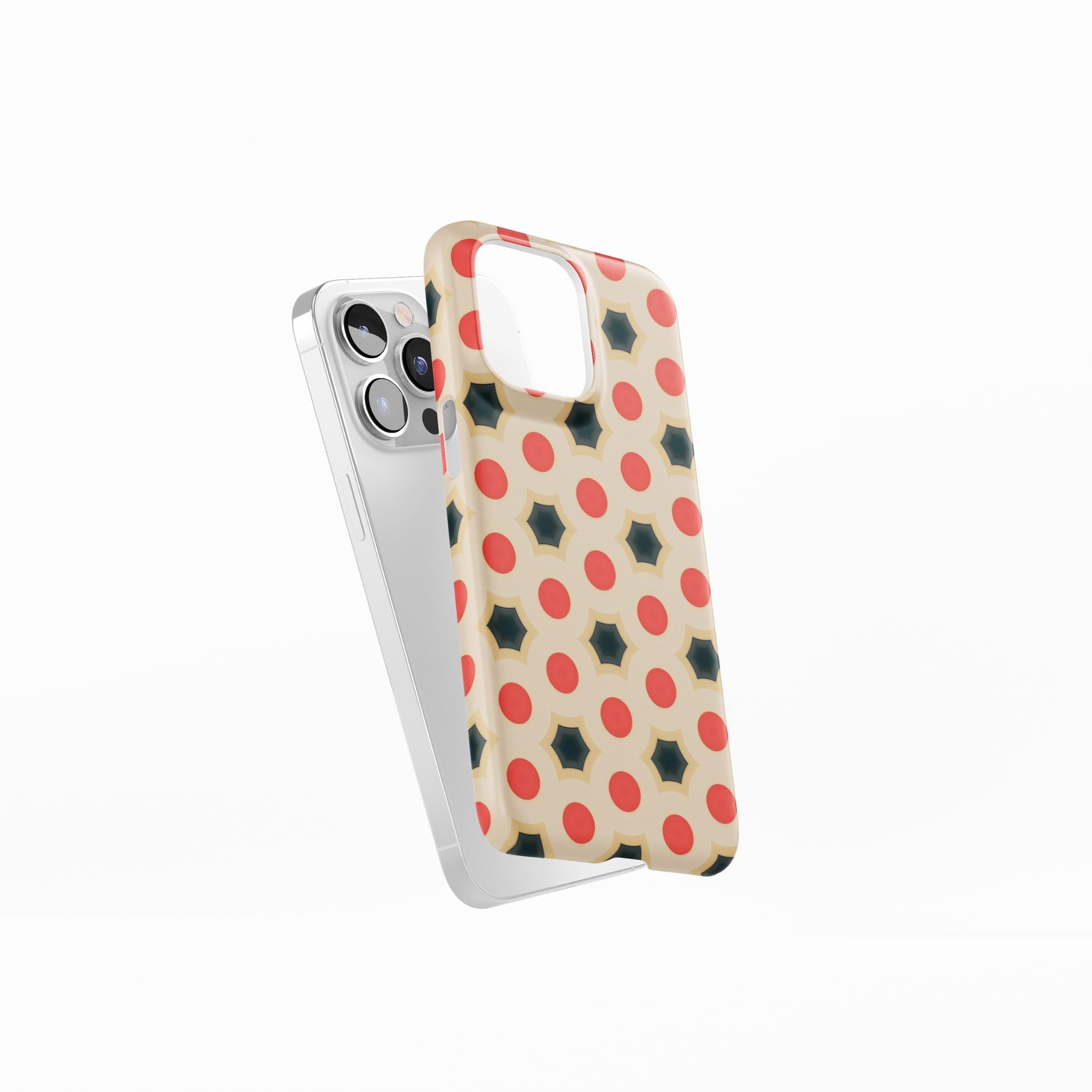 Ultra thin snap phone case side view; clown add 1 pattern, artistic, ornamental kaleidoscope pattern. Red and beige color combination. 