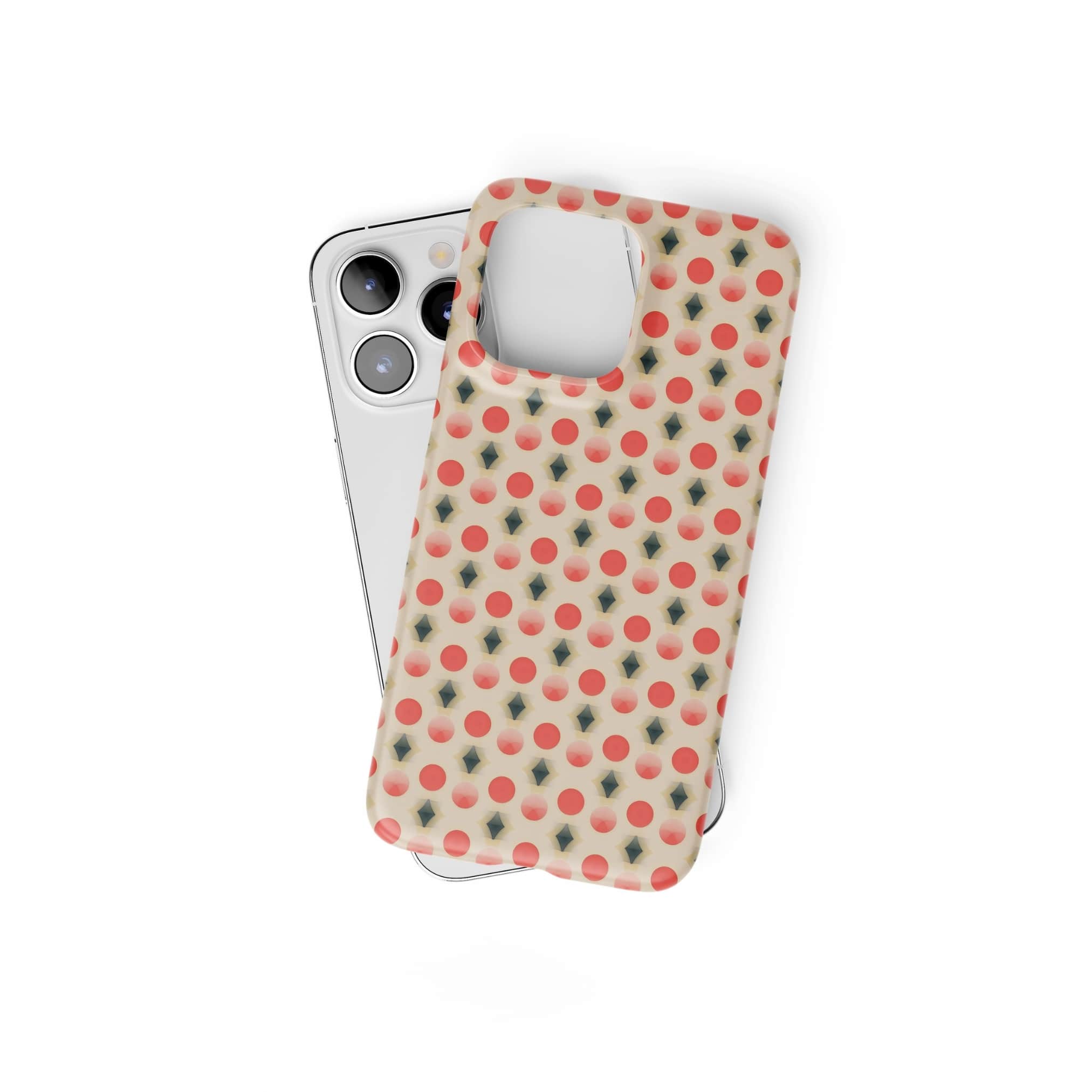 Snap ultra thin phone case front view; clown add 2 pattern, artistic, ornamental kaleidoscope pattern. Red and beige color combination. Bold expressive aesthetic design. Colorful and interior fit. Elegant.