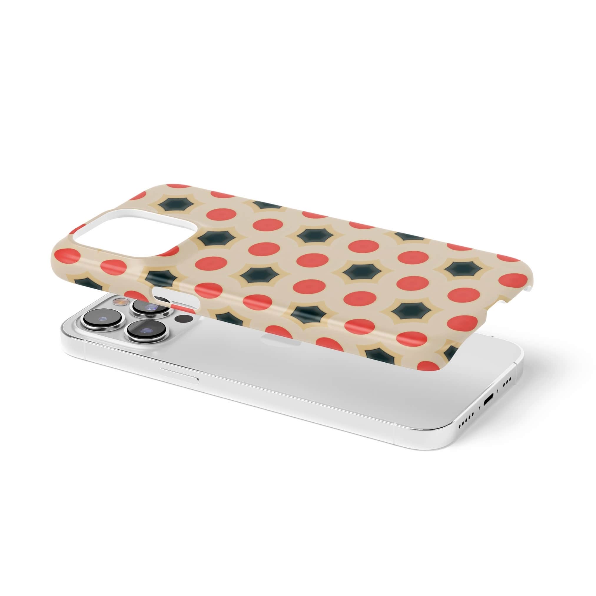 Ultra thin snap phone case extend view; Clown Add pattern, artistic, ornamental kaleidoscope pattern. Red and beige color combination. 