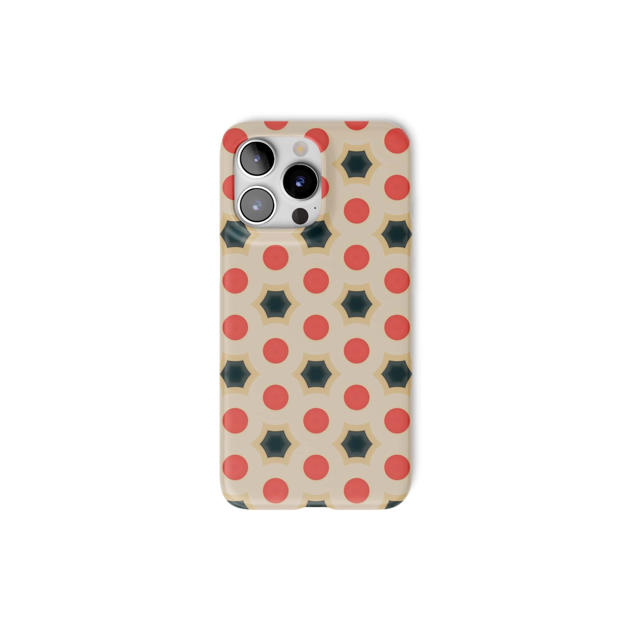 Ultra thin snap phone case front view; Clown Add pattern, artistic, ornamental kaleidoscope pattern. Red and beige color combination. 