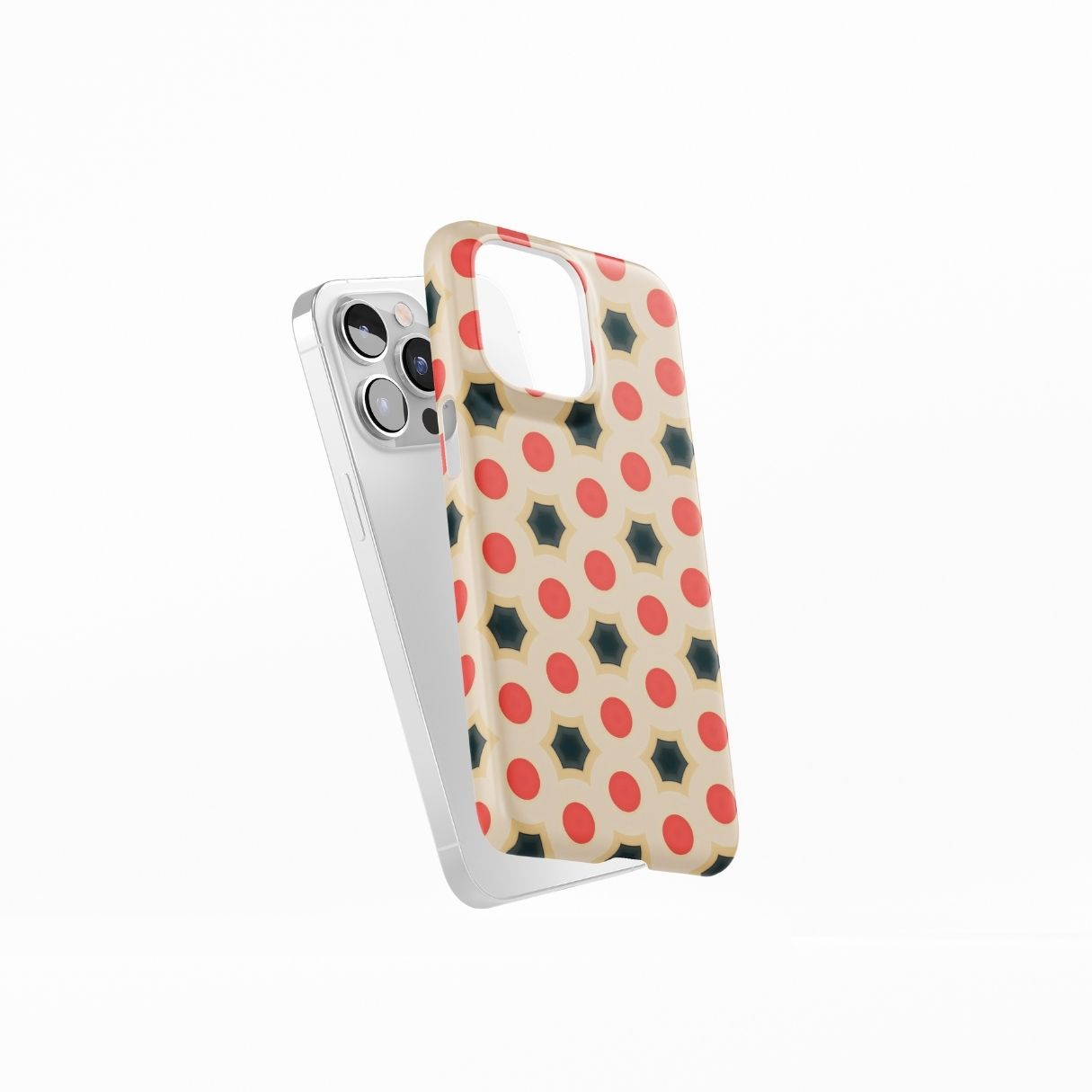 Ultra thin snap phone case side view; Clown Add pattern, artistic, ornamental kaleidoscope pattern. Red and beige color combination. Bold expressive aesthetic design. Colorful and interior fit. Elegant.