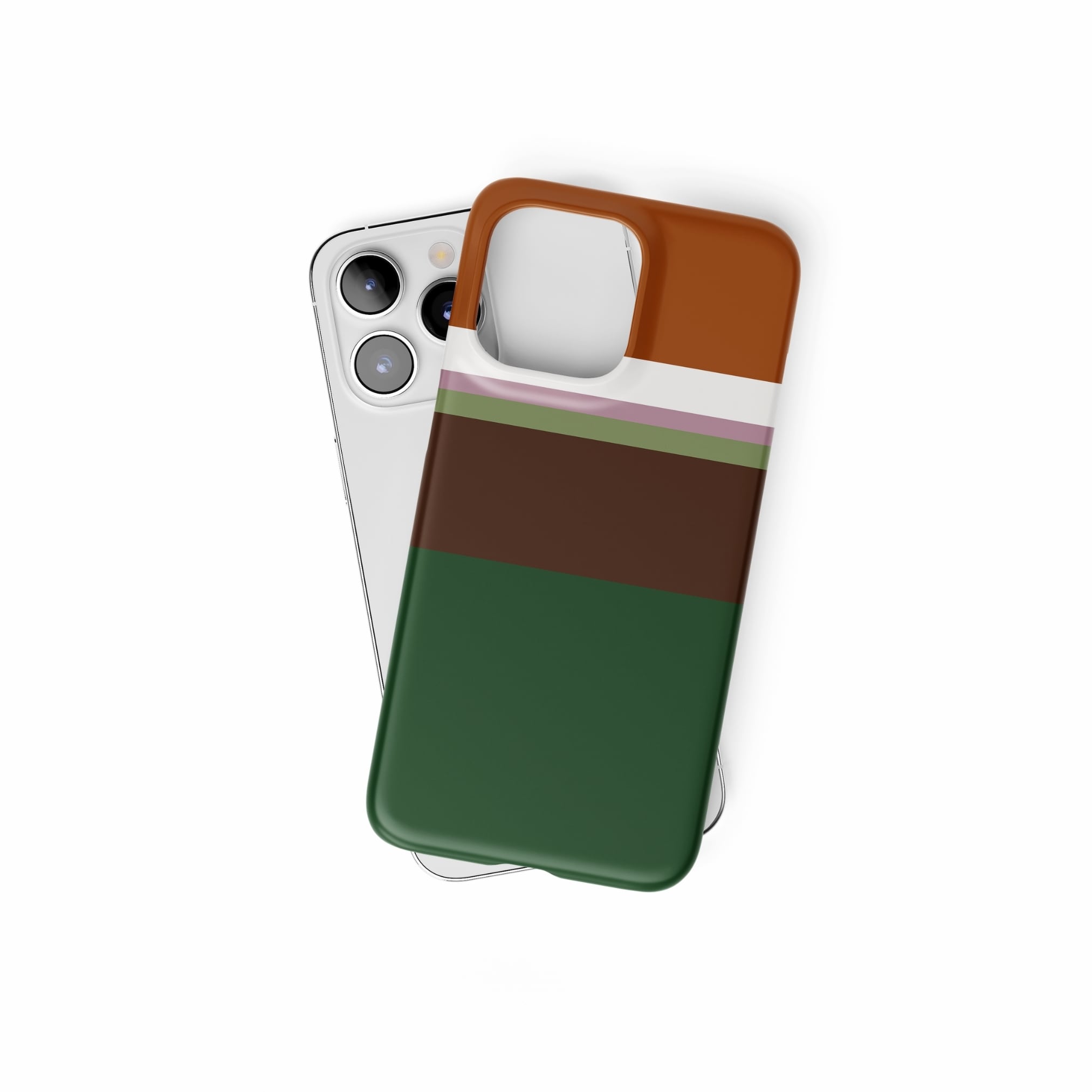 Ultra thin snap phone case Color Blocks 4 pattern design with a color blocks, featuring an elegant and expressive aesthetic design. Main colors are caramel, chocolate brown, rich green. Front view.