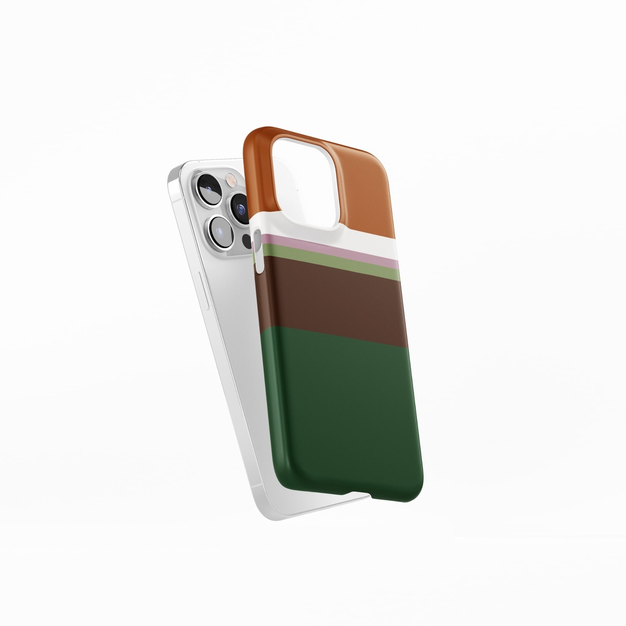 Ultra thin snap phone case Color Blocks 4 pattern design with a color blocks, featuring an elegant and expressive aesthetic design. Main colors are caramel, chocolate brown, rich green. Side view.