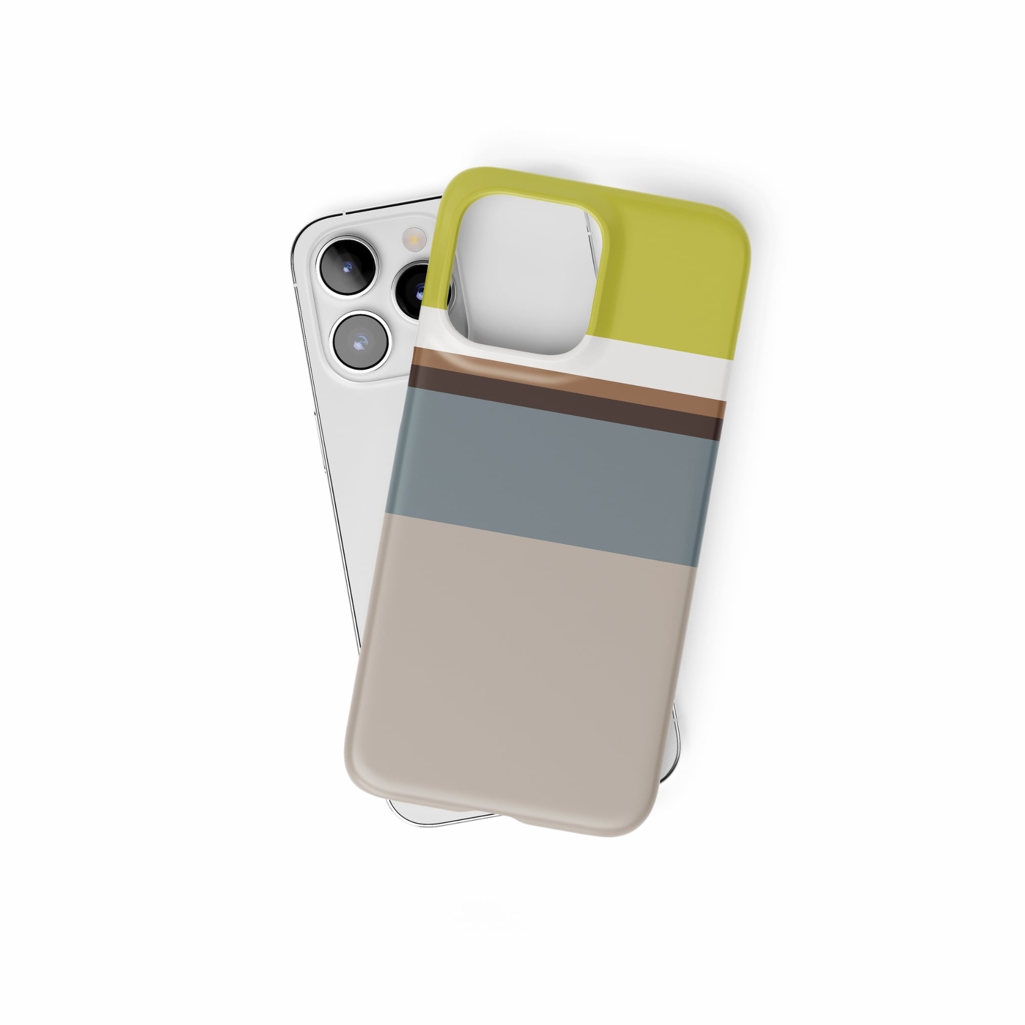Ultra thin snap phone case Color Blocks 5 pattern design with a color blocks, featuring an elegant and expressive aesthetic design. Main colors are caramel, chocolate brown, yellow and gray. Front view.