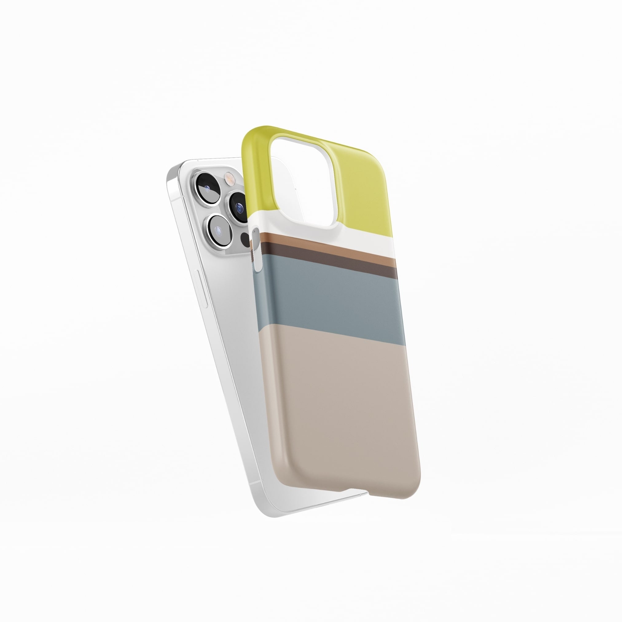 Ultra thin snap phone case Color Blocks 5 pattern design with a color blocks, featuring an elegant and expressive aesthetic design. Main colors are caramel, chocolate brown, yellow and gray. Side view.